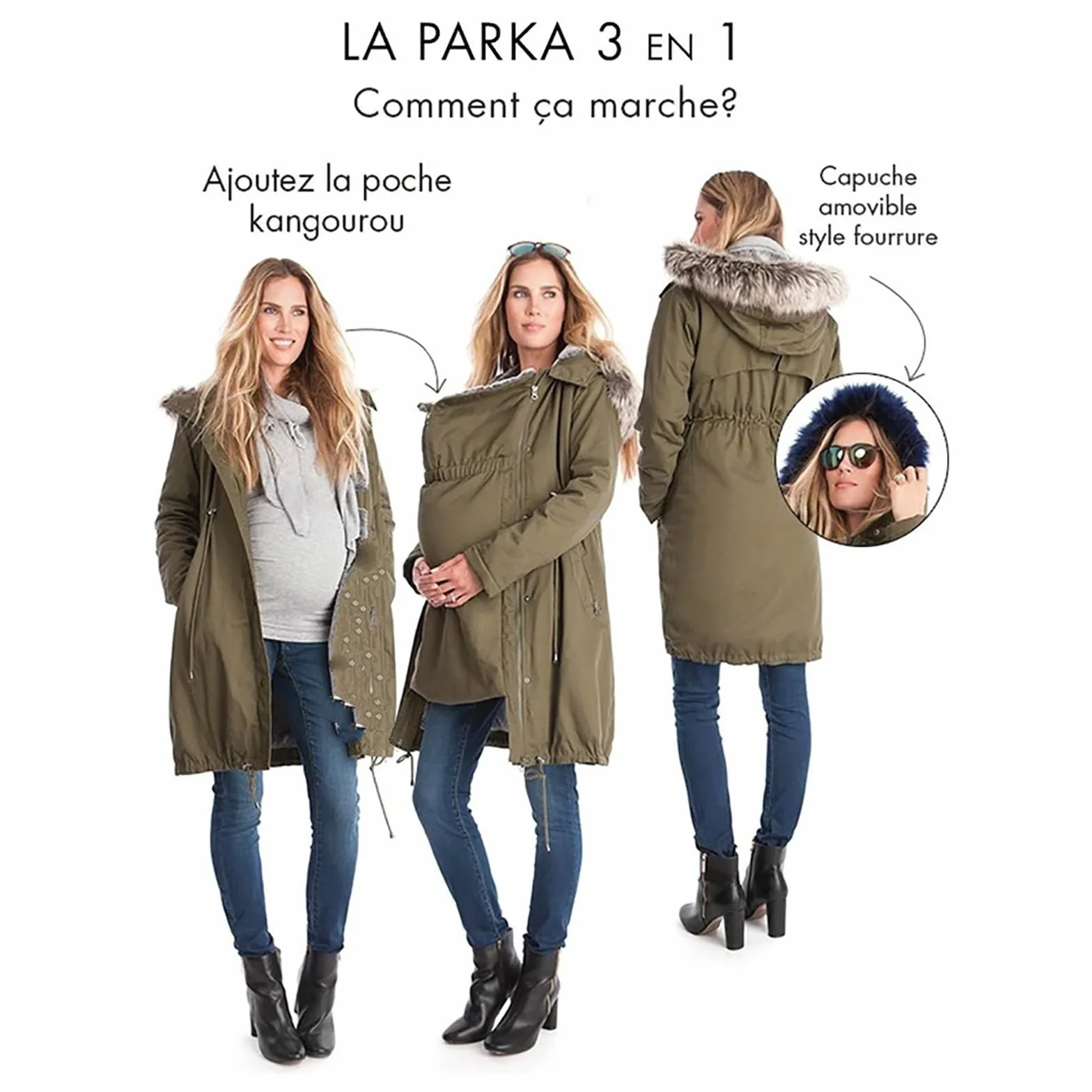 Veste d'hiver pour femme enceinte 3 en 1 en coton imperméable avec capuche et poches