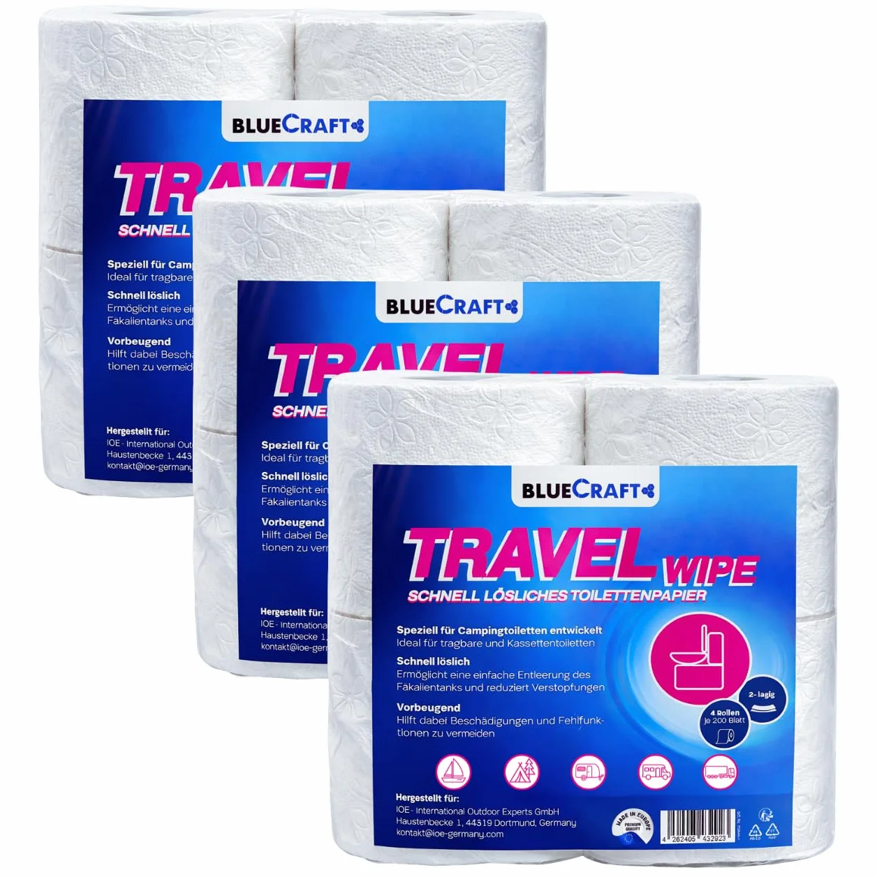 Bluecraft Lot de 12 rouleaux de papier toilette auto-dissolvant, pour camping, camping-car, caravane, bateau - 2 couches - Pour toilettes de camping, toilettes chimiques - Sans obstruction et à