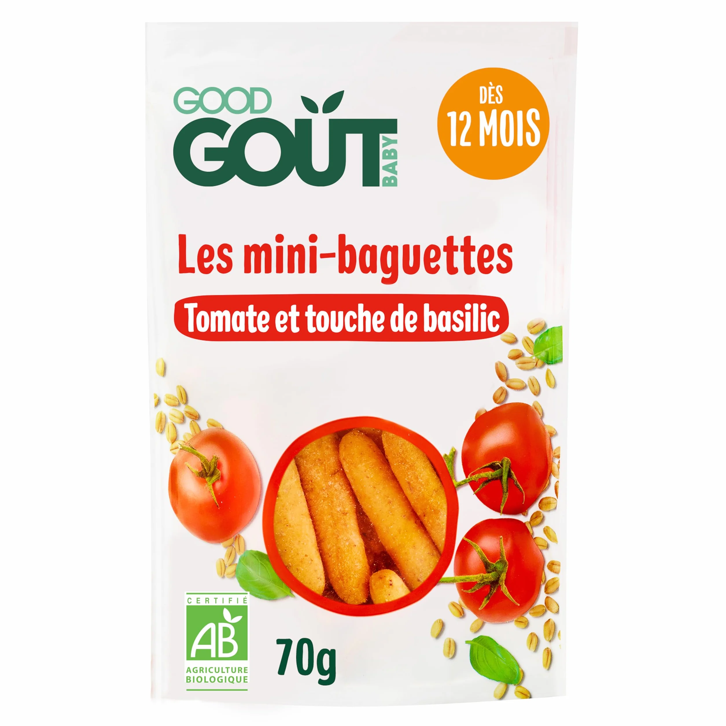 GOOD GOÛT - Mini-Baguettes Tomate Et Basilic - Biscuits Type Gressins Pour Bébé - Dès 12 Mois - Sachet Refermable - 70g