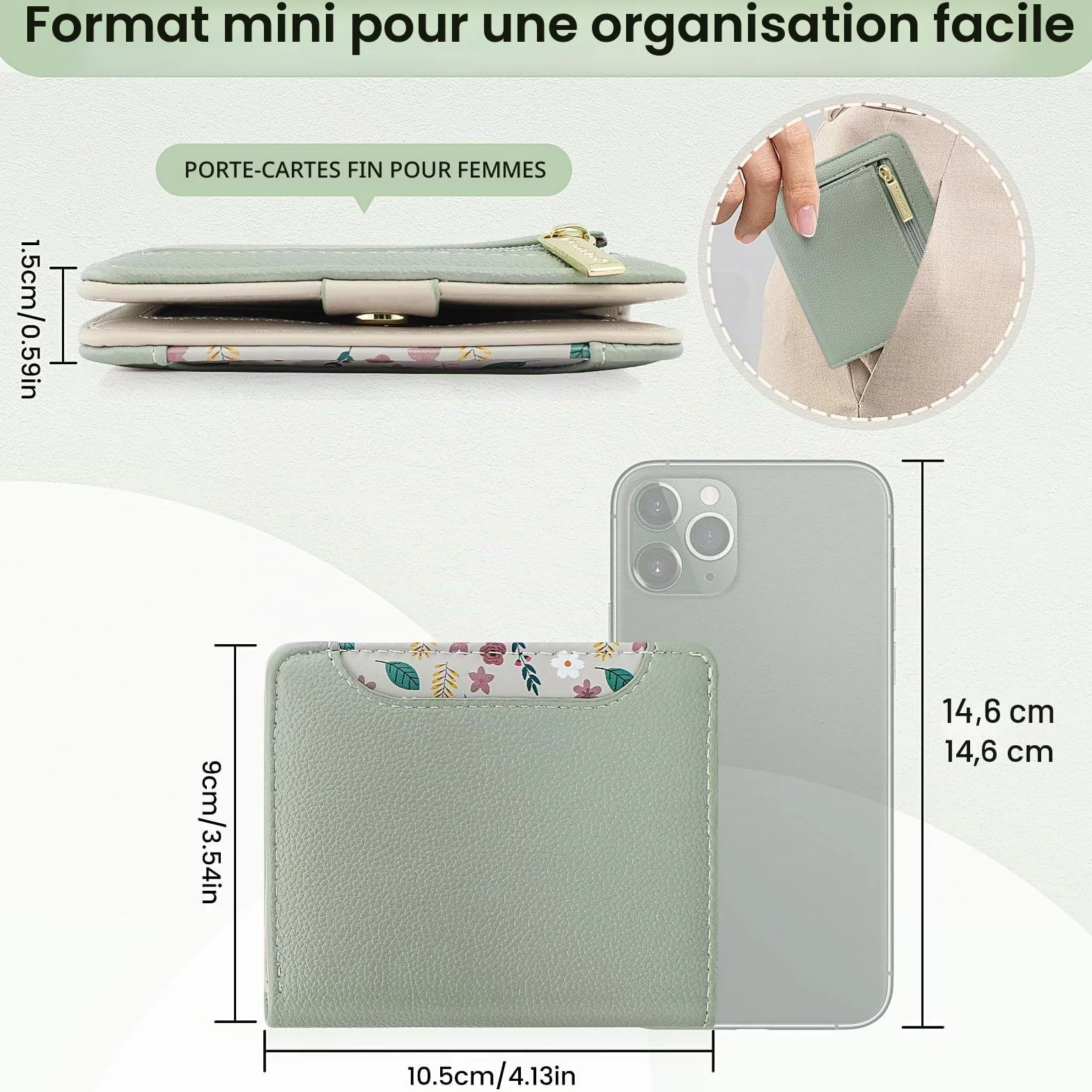 Petit Portefeuille Femme Protection RFID Cuir PU Souple Design Imprimé Léger Pratique Cartes Crédit Menthe Verte