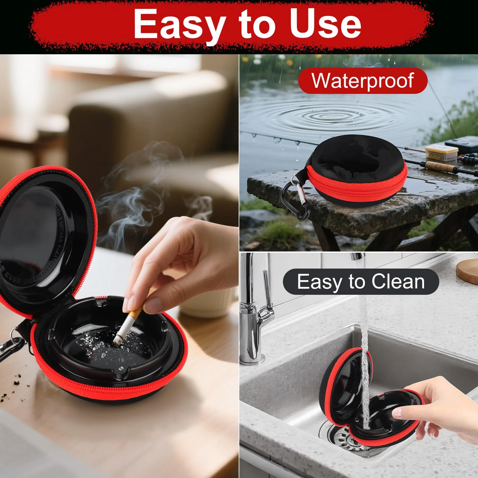 Cendrier Portable Anti Odeur avec Fermeture à Glissière et Porte-Clés pour Voiture Extérieur (Rouge)