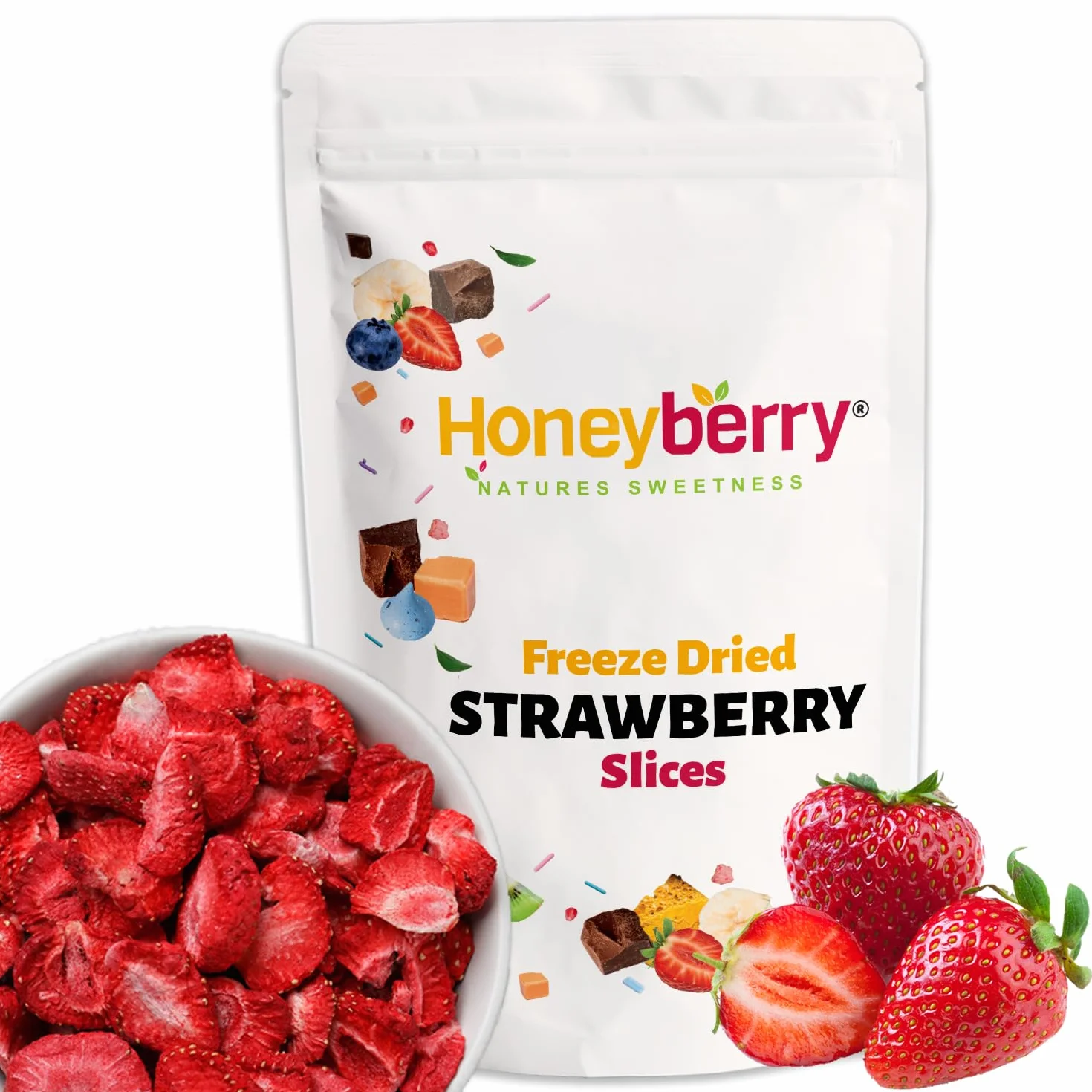 Fraises Lyophilisées en Tranches 100g - Fraises Déshydratées - Fruits Lyophilisés - Fraises Séchées - Fruits Déshydratés Sans Sucre pour Pâtisseries, Décoration, Snacks, Muesli et Desserts