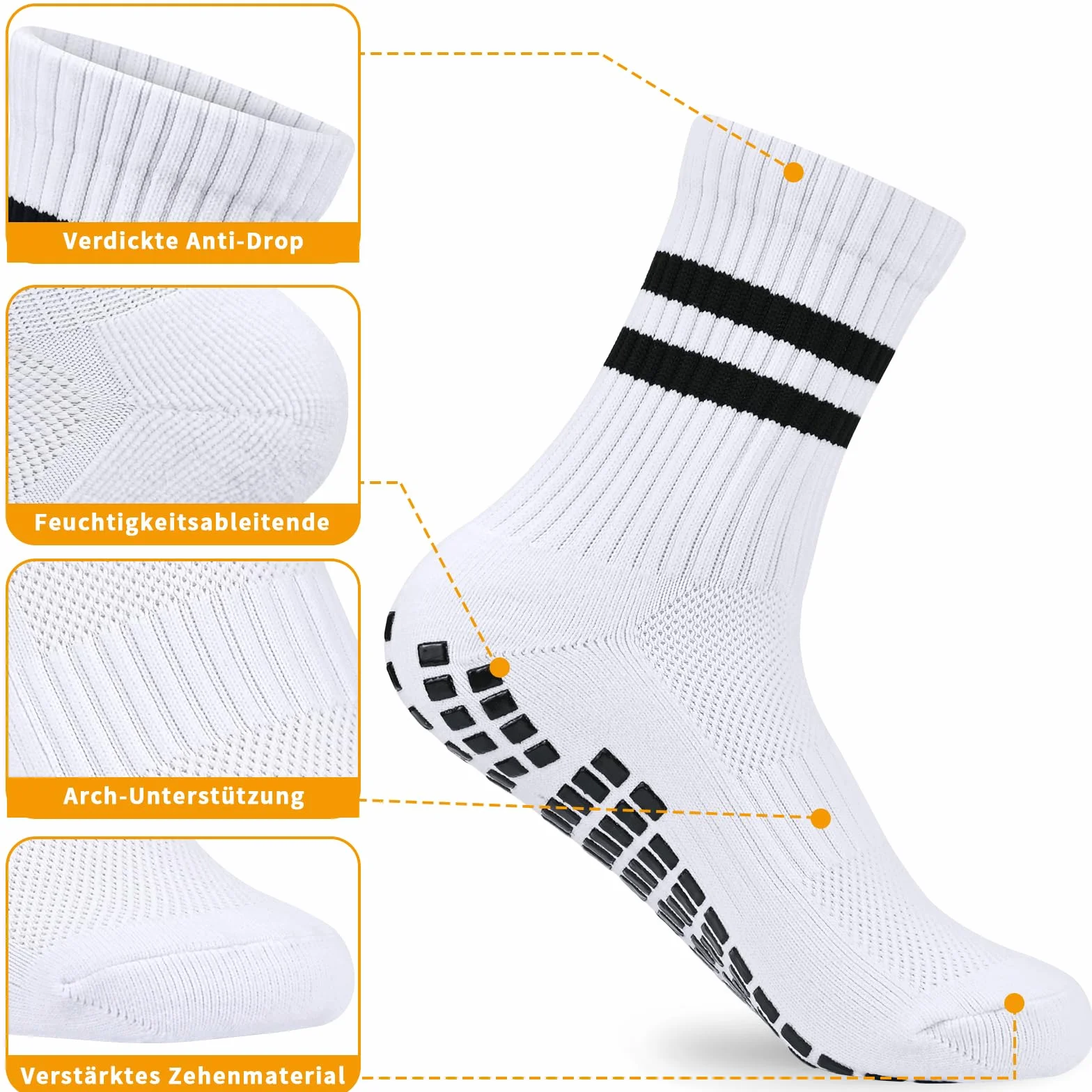 Lot de 3 paires chaussettes football antidérapantes garçon Blanc Noir 31-34 35-38