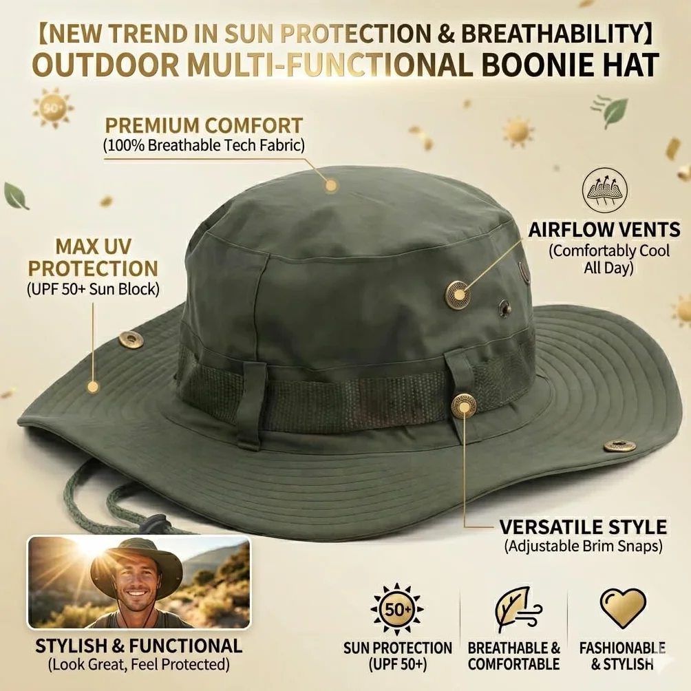 Chapeau Bob Réglable Homme Femme Soleil Safari Pliable Large Bord Protection UV Mentonnière Pêche Randonnée Plage