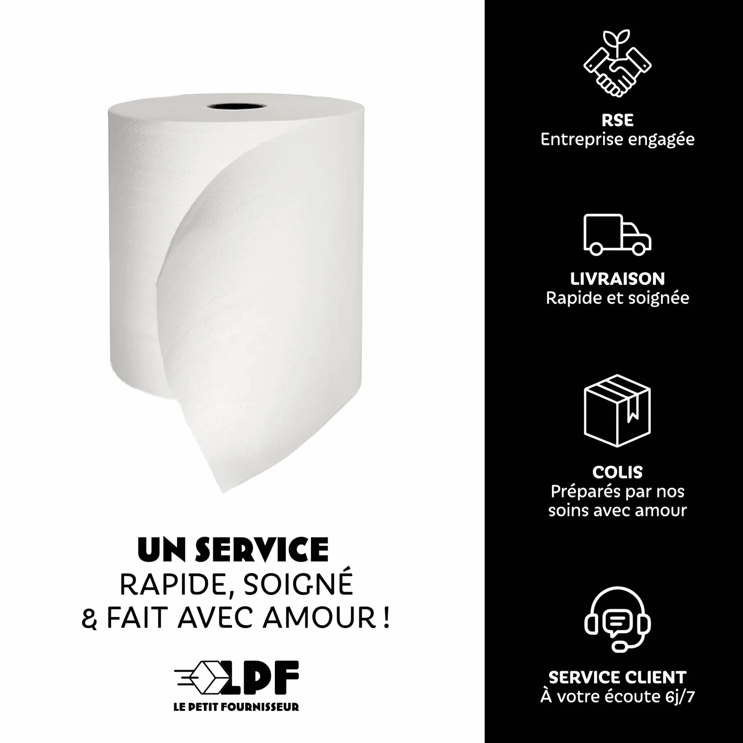 LPF LE PETIT FOURNISSEUR – Essuie-Tout Professionnel Dévidage Central – 450 Feuilles 18x18cm – Double Épaisseur Pure Ouate – Absorbant & Résistant – Contact Alimentaire – Made in France – Lot de 6