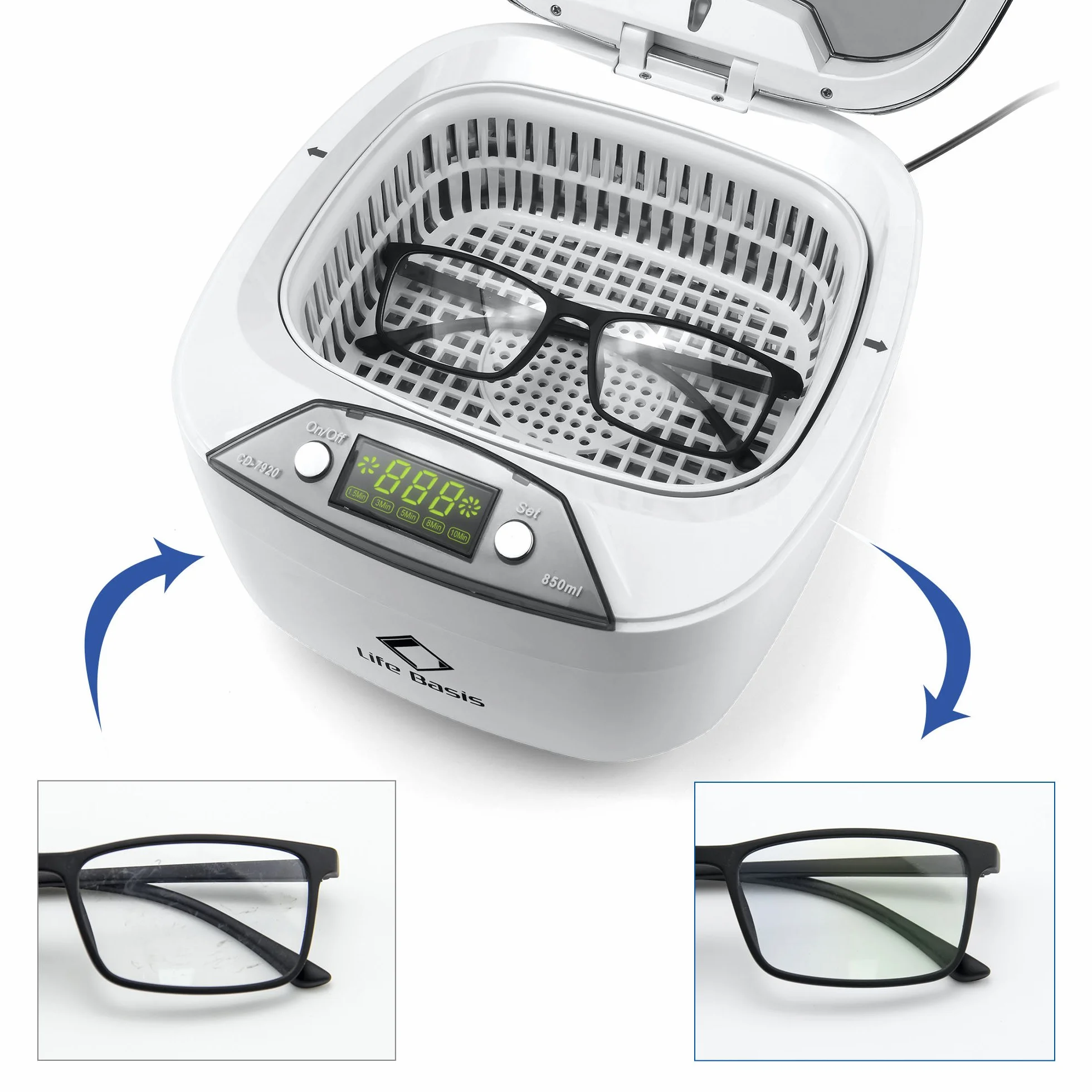 LifeBasis Nettoyeur Ultrasons 850ML 42kHz Professionnel, Bac Acier Inox, Écran LED, 5 Modes