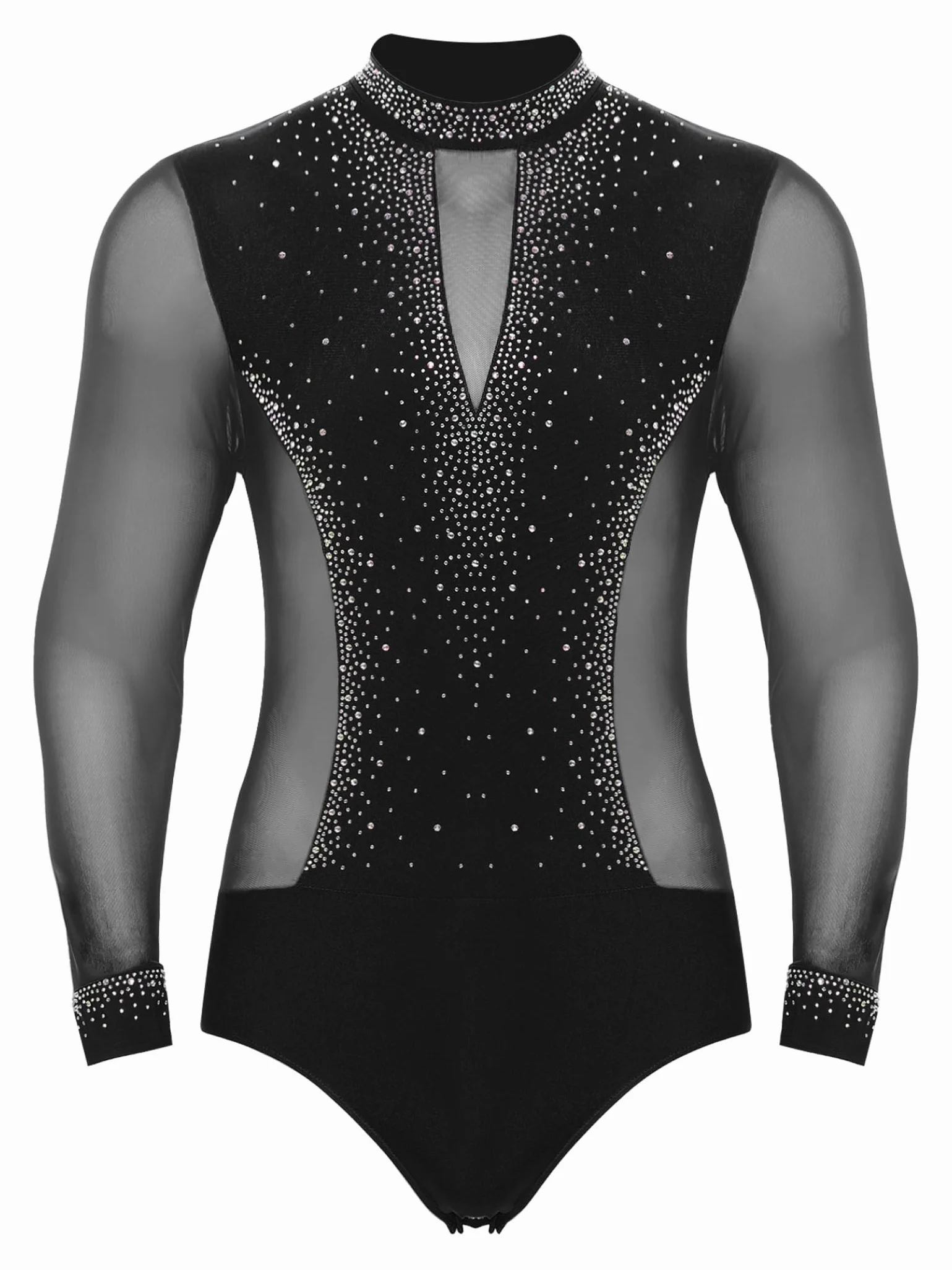 Costume de Gymnastique Hommes Manches Longues Pailleté Strass Body Patinage Artistique Combinaison Danse
