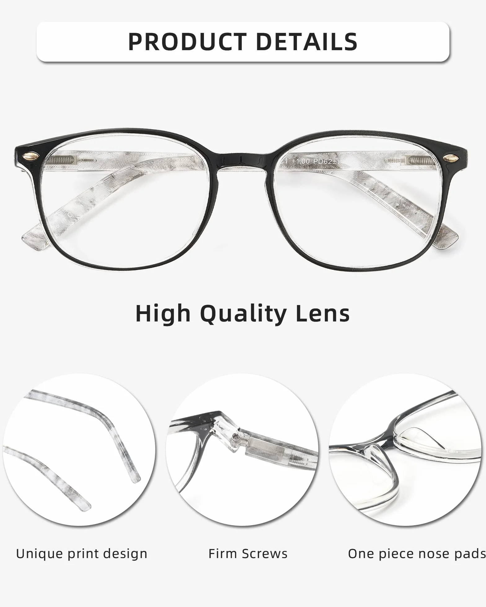 Lunettes de Lecture Charnière à Ressort Presbyte Hommes Femmes Carré