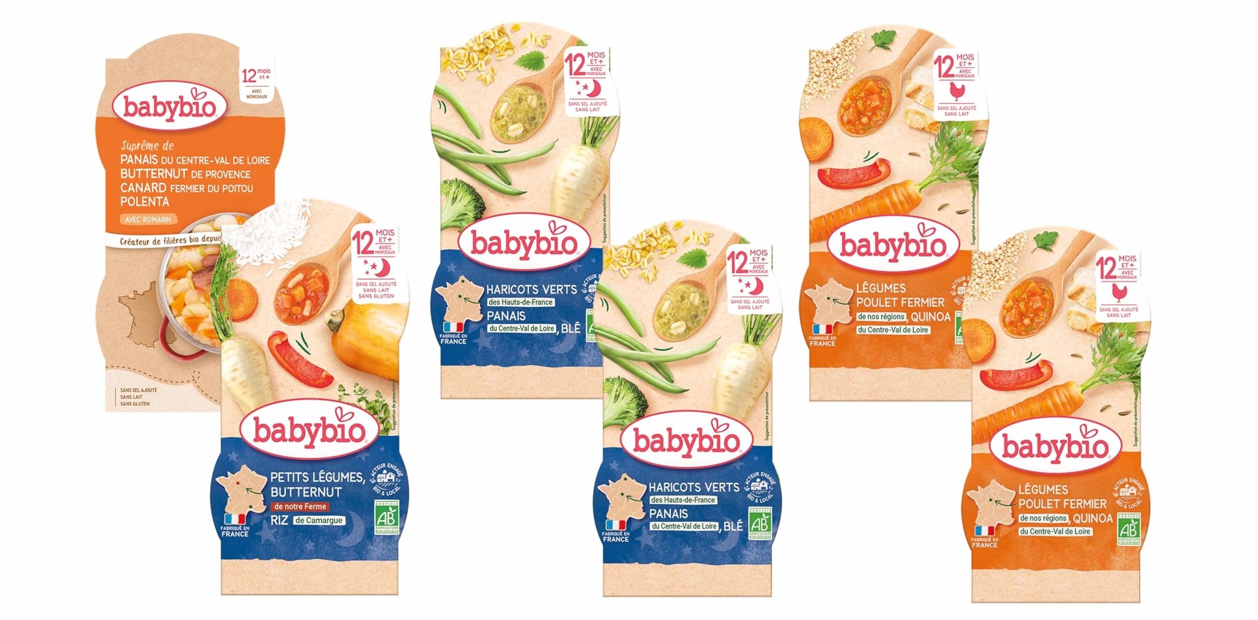 BABYBIO - 12 petits plats pour bébé - Repas midi et soir - Dès 12 Mois - 6 recettes - BIO - 12 x 200g