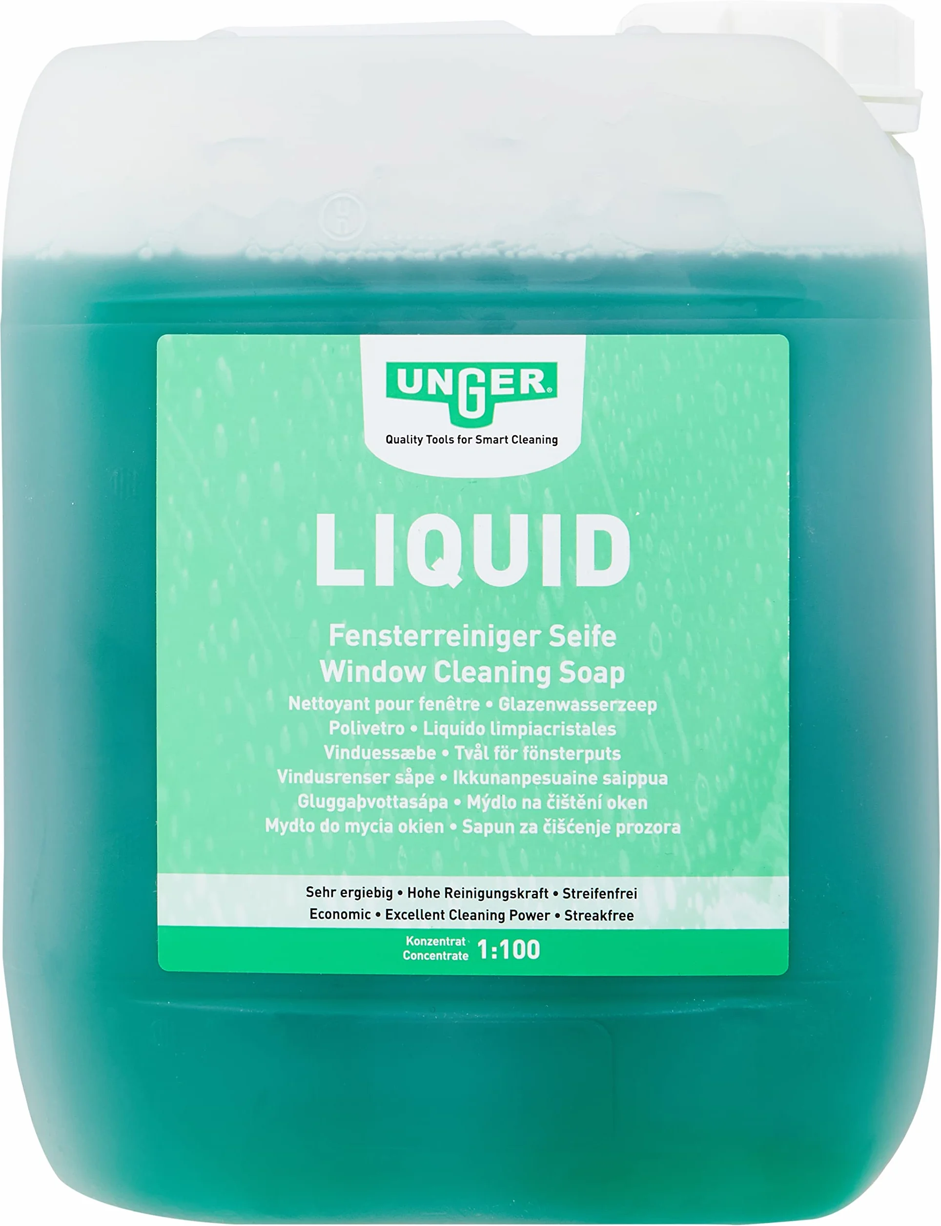 Nettoyant pour vitres UNGER UNGER's Liquid (5 litres, concentré, rapport de mélange 1:100, pH neutre, fenêtres sans traces, fermeture de sécurité, échelle de dosage) FR500