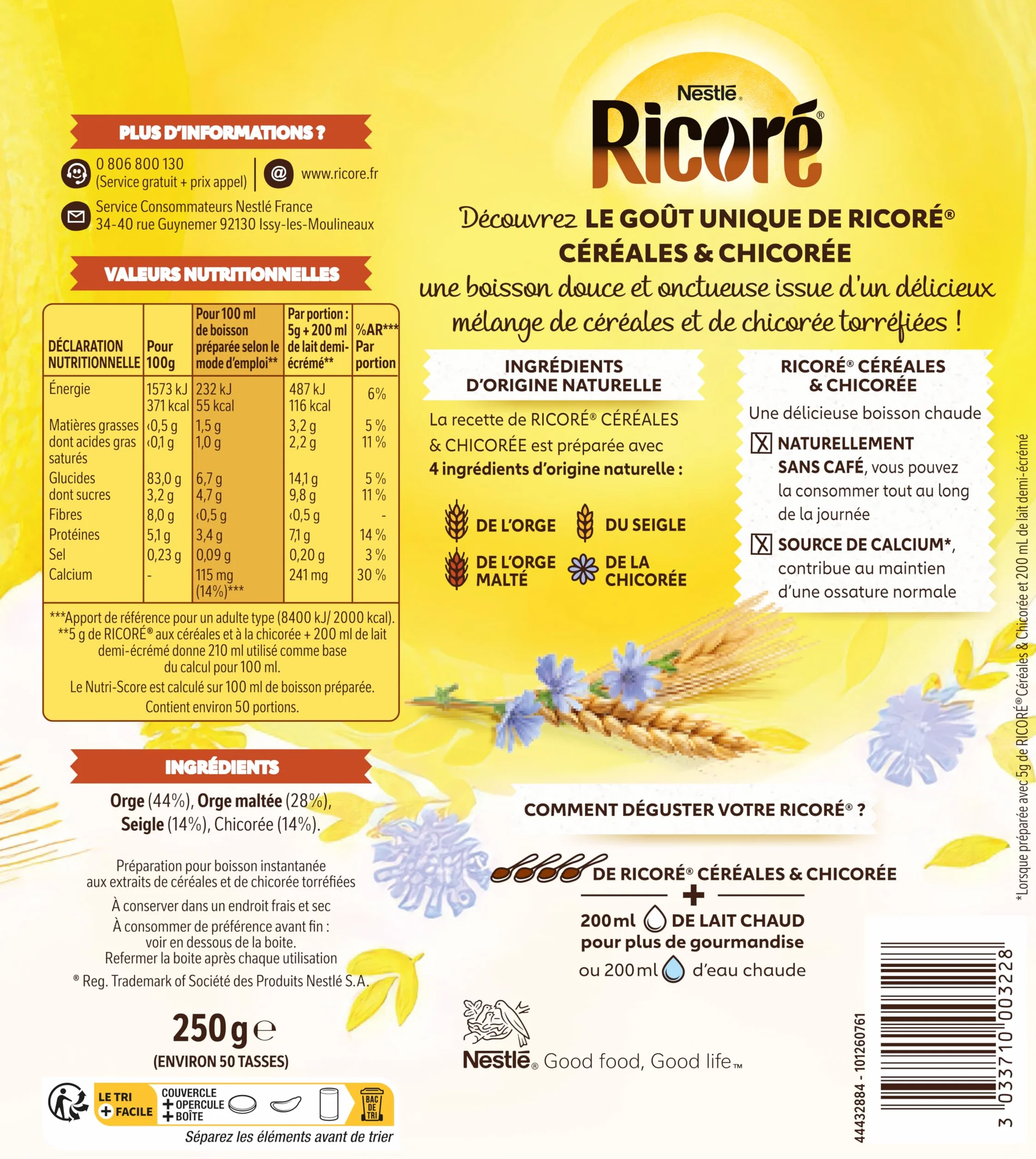 RICORÉ aux céréales, Chicorée & Céréales solubles, Boîte 250g - Pack de 6 Boites