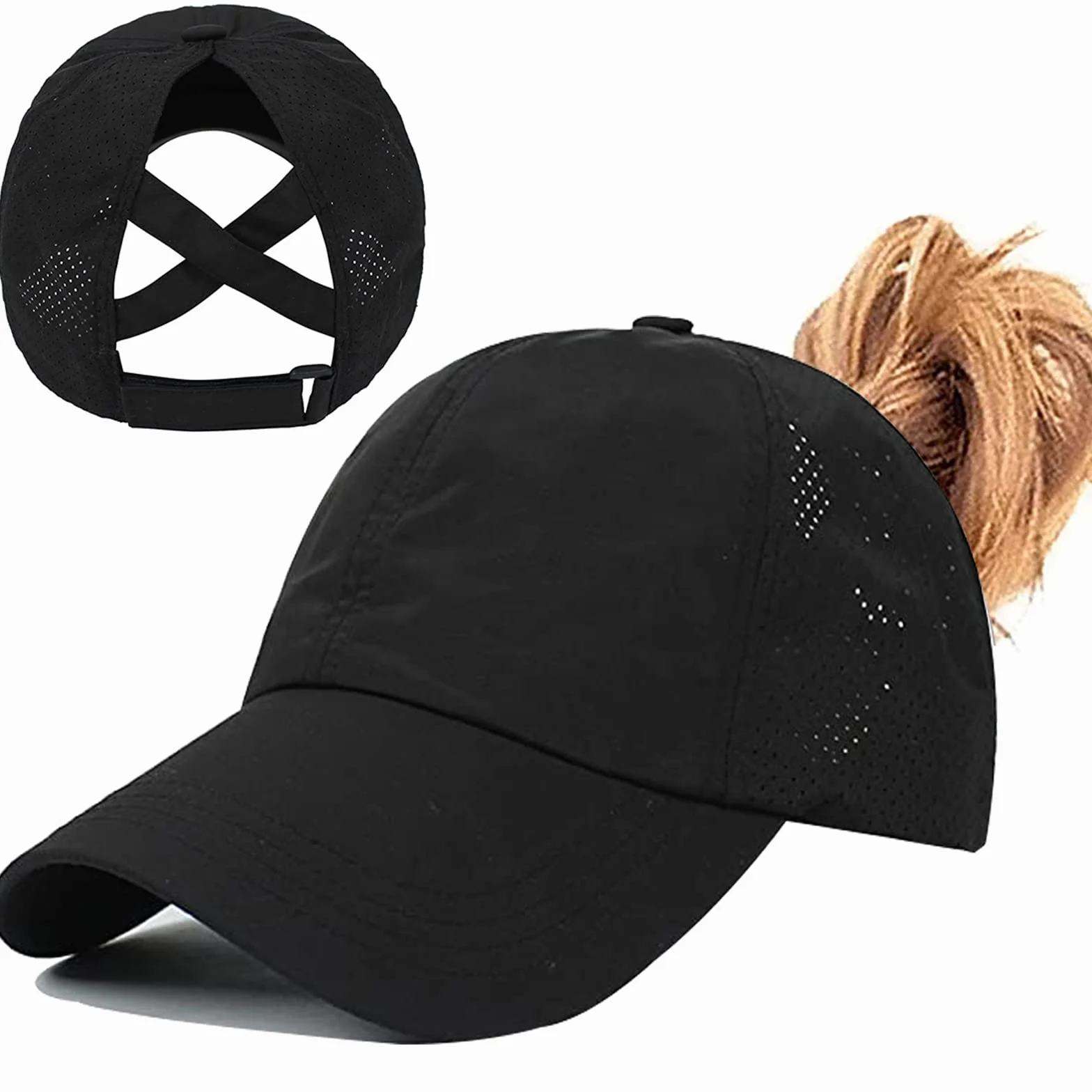 Casquette de Baseball Femme Queue de Cheval Réglable Séchage Rapide Anti-Soleil UV Running Golf Cyclisme