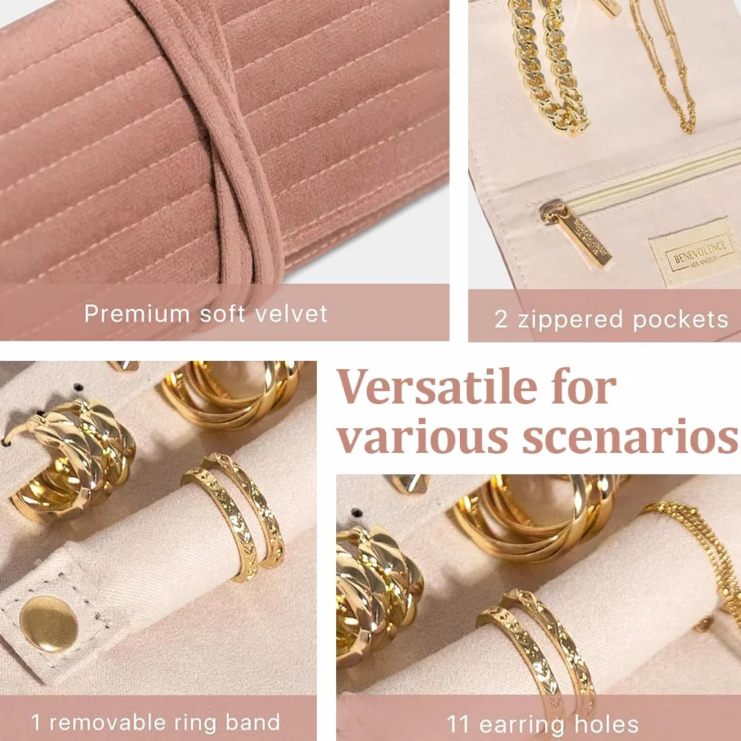 Pochette Bijoux Voyage Trousse de Rangement en Velours Rouleau Organisateur pour Colliers Bracelets Boucles d'oreilles Compact Rose