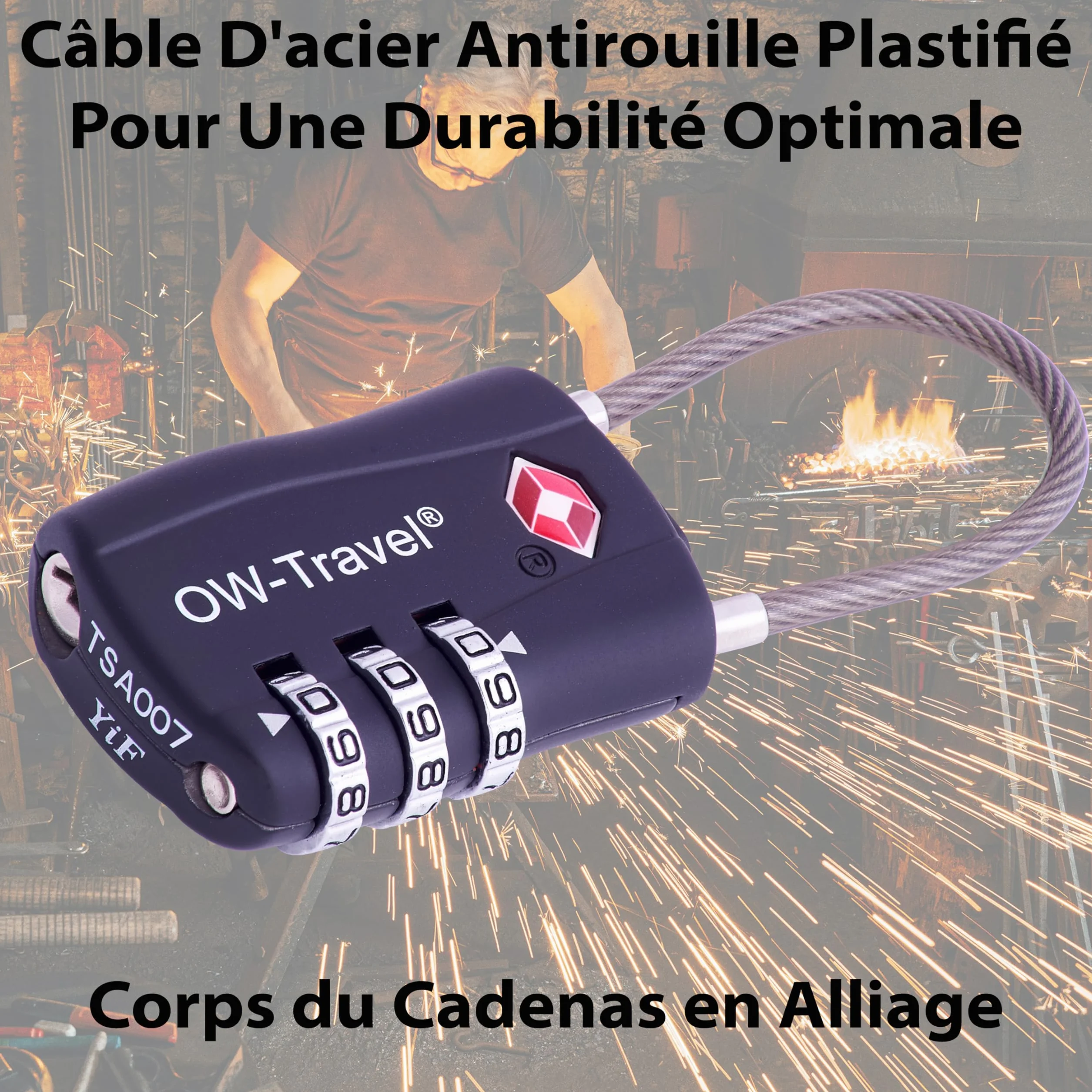 Cadenas Cable TSA pour Valise 3 Chiffres Antivol Bagages Combinaison USA Accessoires Voyage Serrure 4 Noir