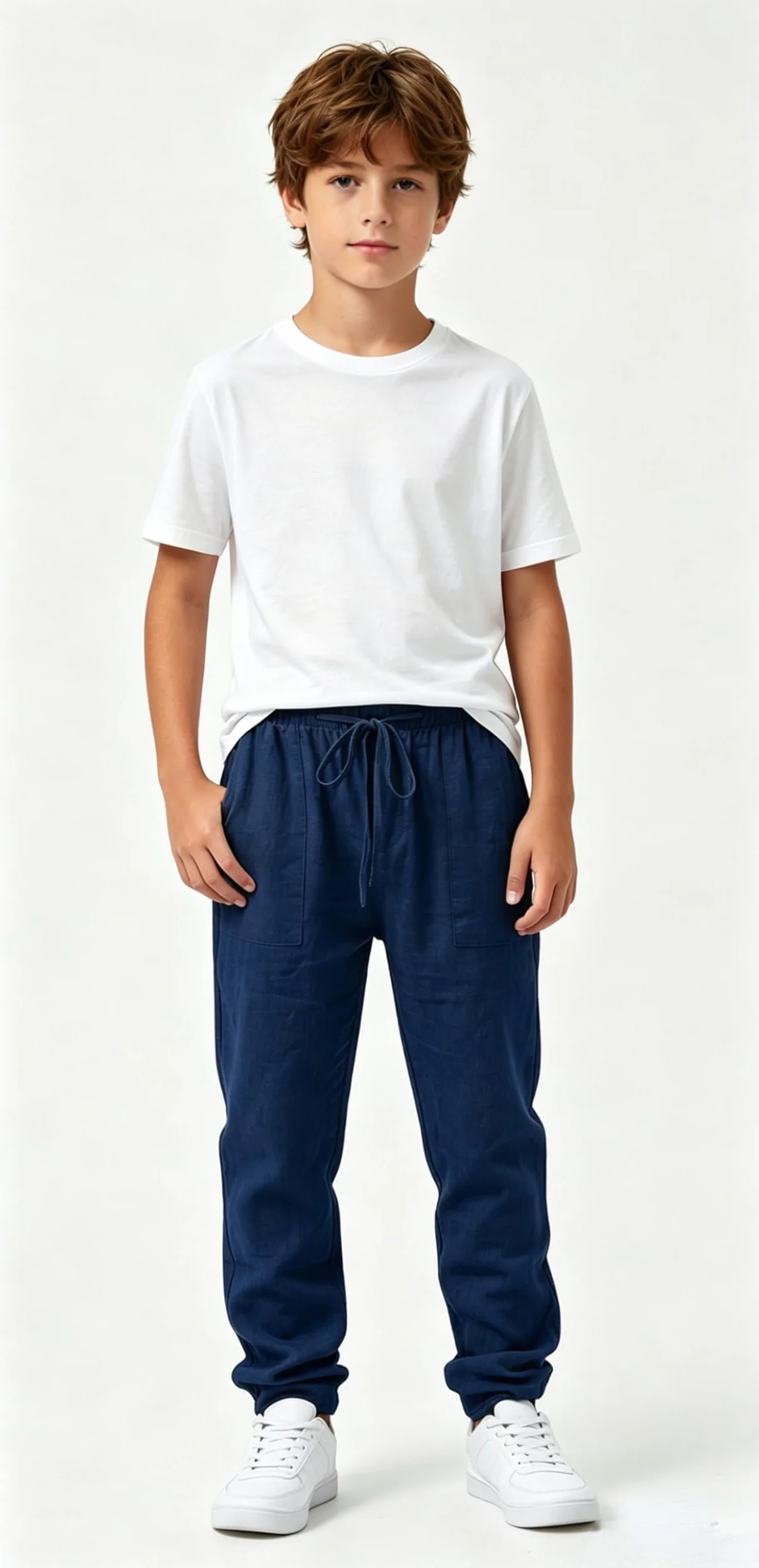 Pantalon en lin pour garçon long léger coupe ample été loisirs avec poches taille élastique