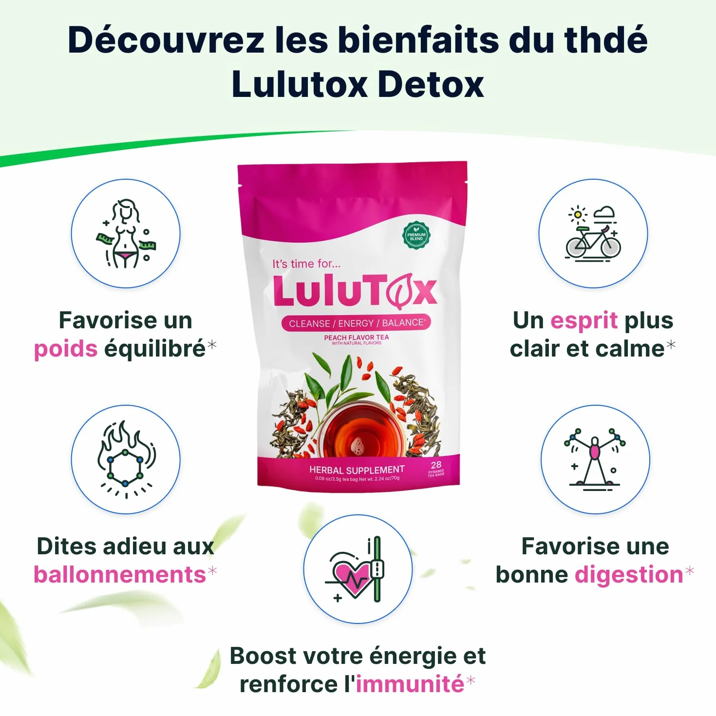 LULUTOX Thé Détox – Mélange de Plantes pour le Bien-être avec Pissenlit, Ginseng et Gingembre – Infusion pour Ballonnements, Ménopause, Gestion du Poids et Vitalité – 28 Sachets