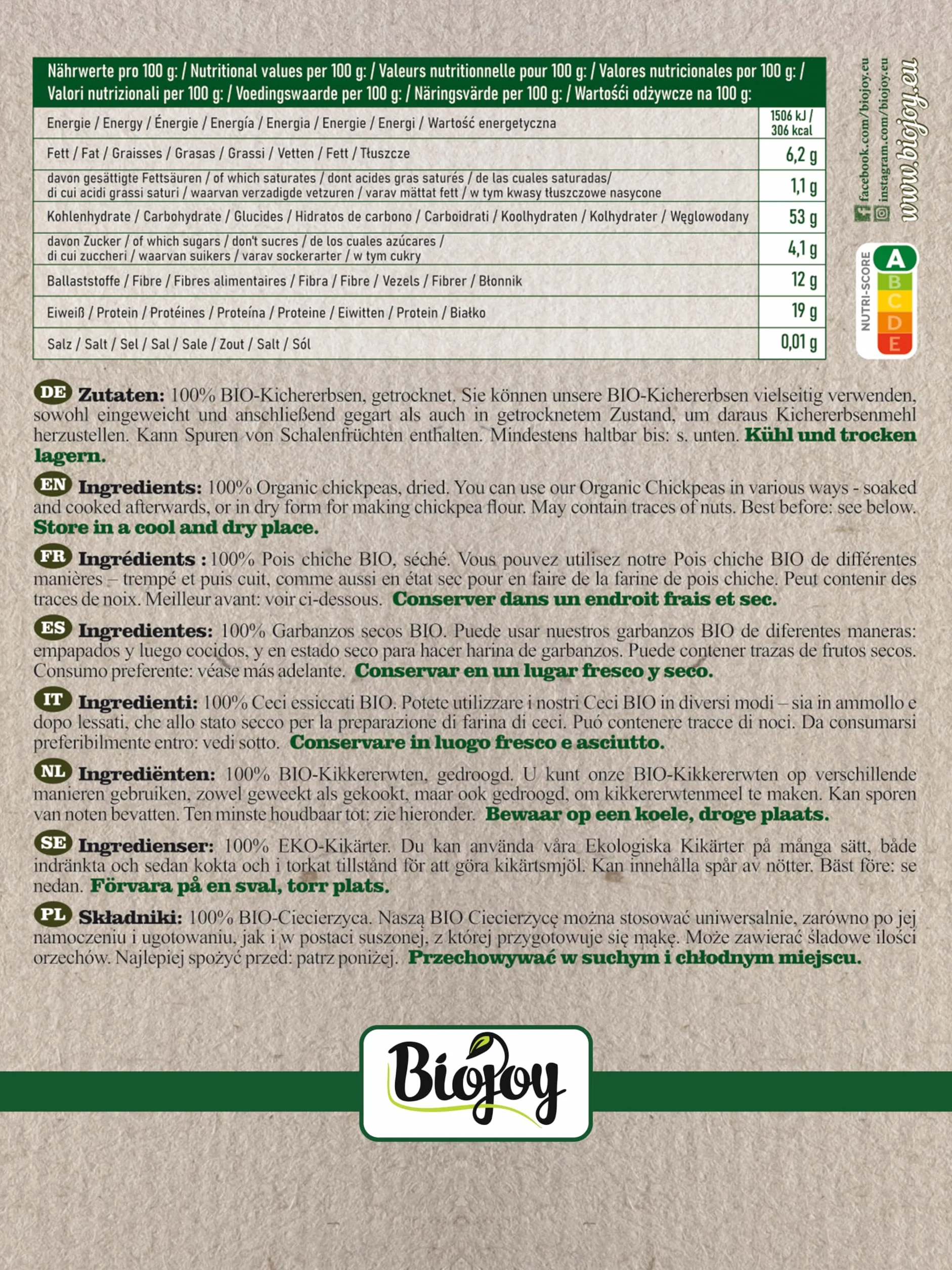 Biojoy Pois chiches BIO (2,5 kg), séchés et entiers, sans additifs