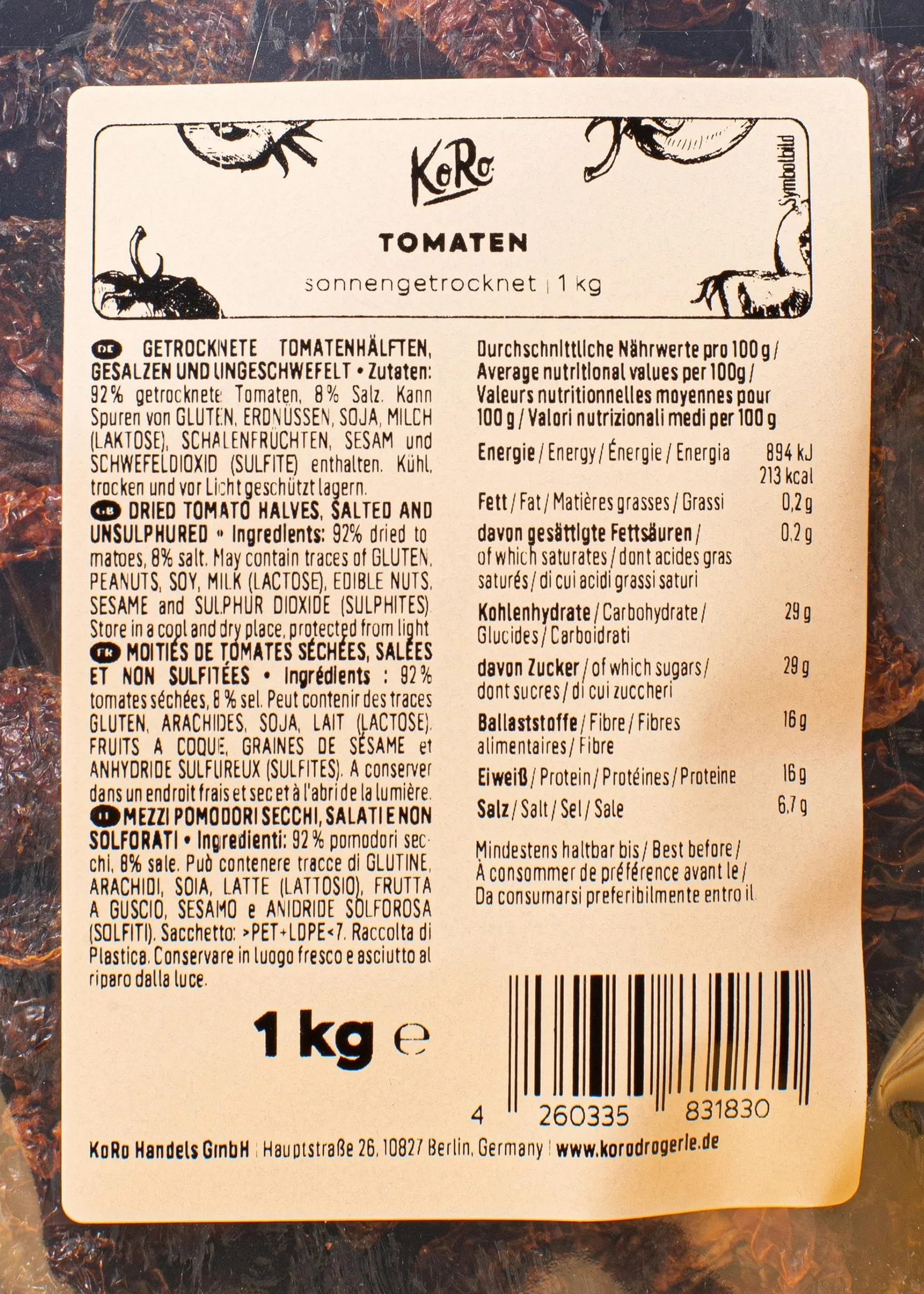 KoRo - Tomates séchées au soleil 1 kg - Non sulfuré, sans huile, idéal pour sauce pesto et salade