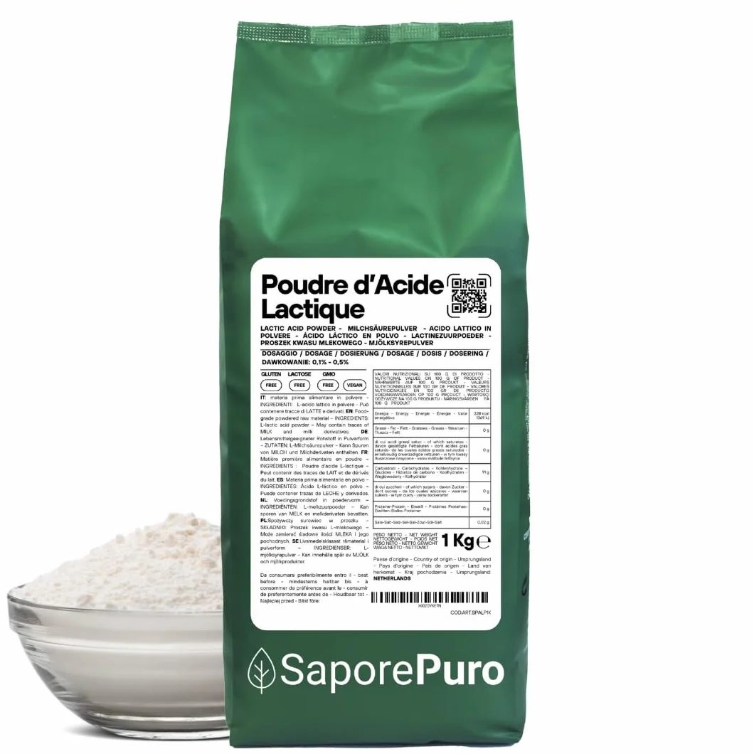 SaporePuro Acide Lactique en Poudre 1 kg – Qualité Alimentaire Pure – Pour Boulangerie, Produits Laitiers, Boissons Fermentées et Usage Cosmétique
