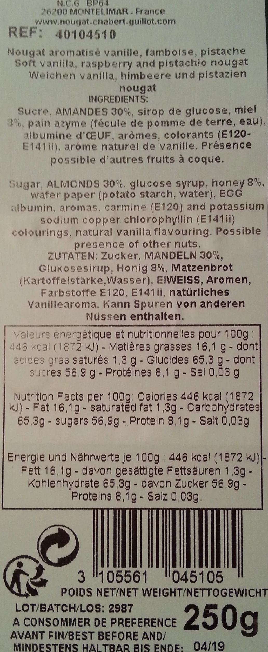 Nougat Chabert et Guillot - Boîte Métal Nougat Tendre Vanille, Framboise, Pistache - 250g