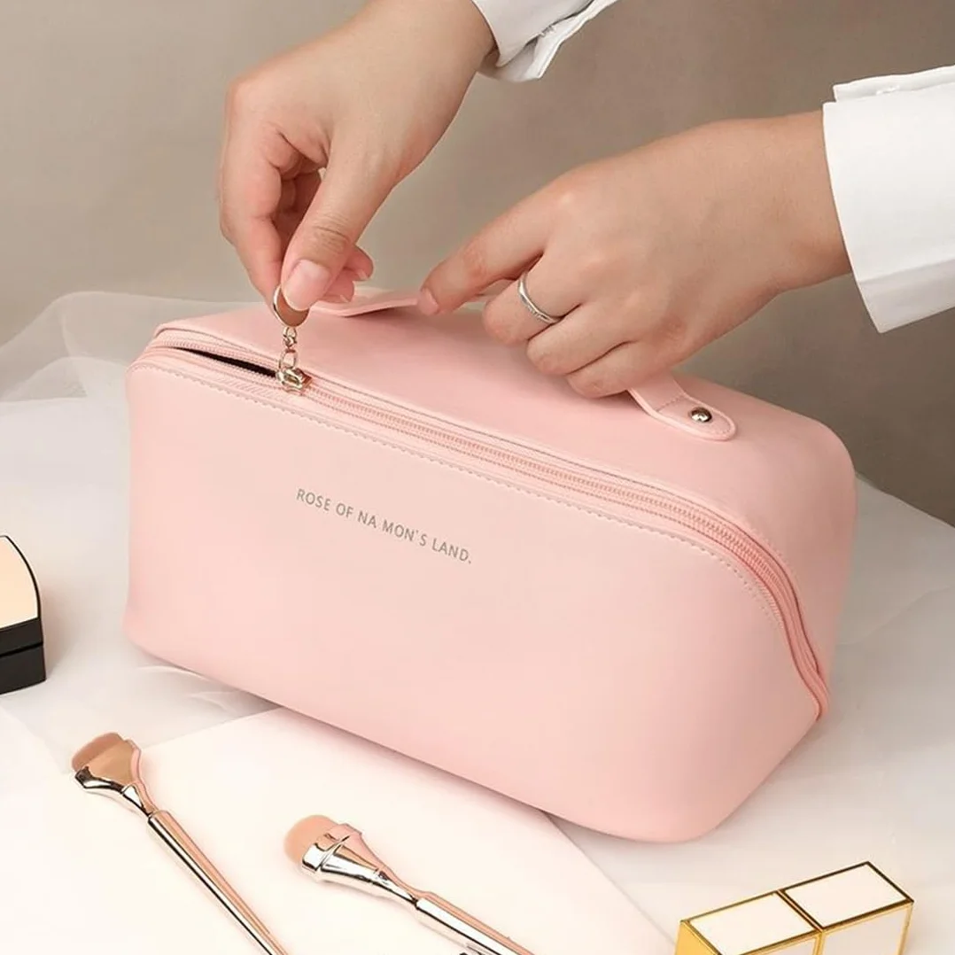 Trousse de Toilette Voyage Grande Capacité Imperméable PU Rose avec Poignée