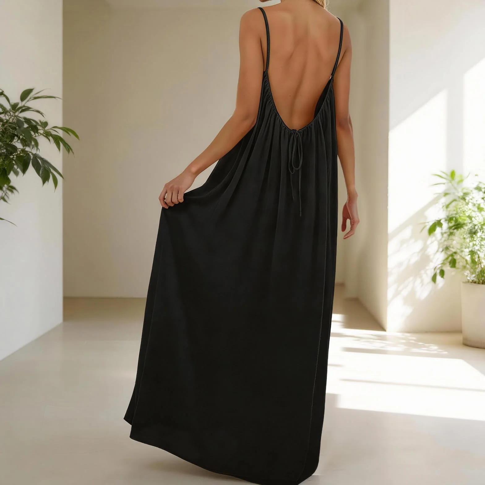 Robe caraco dos nu sans manches d'été 2026 pour femme, longue robe décontractée fluide couleur unie