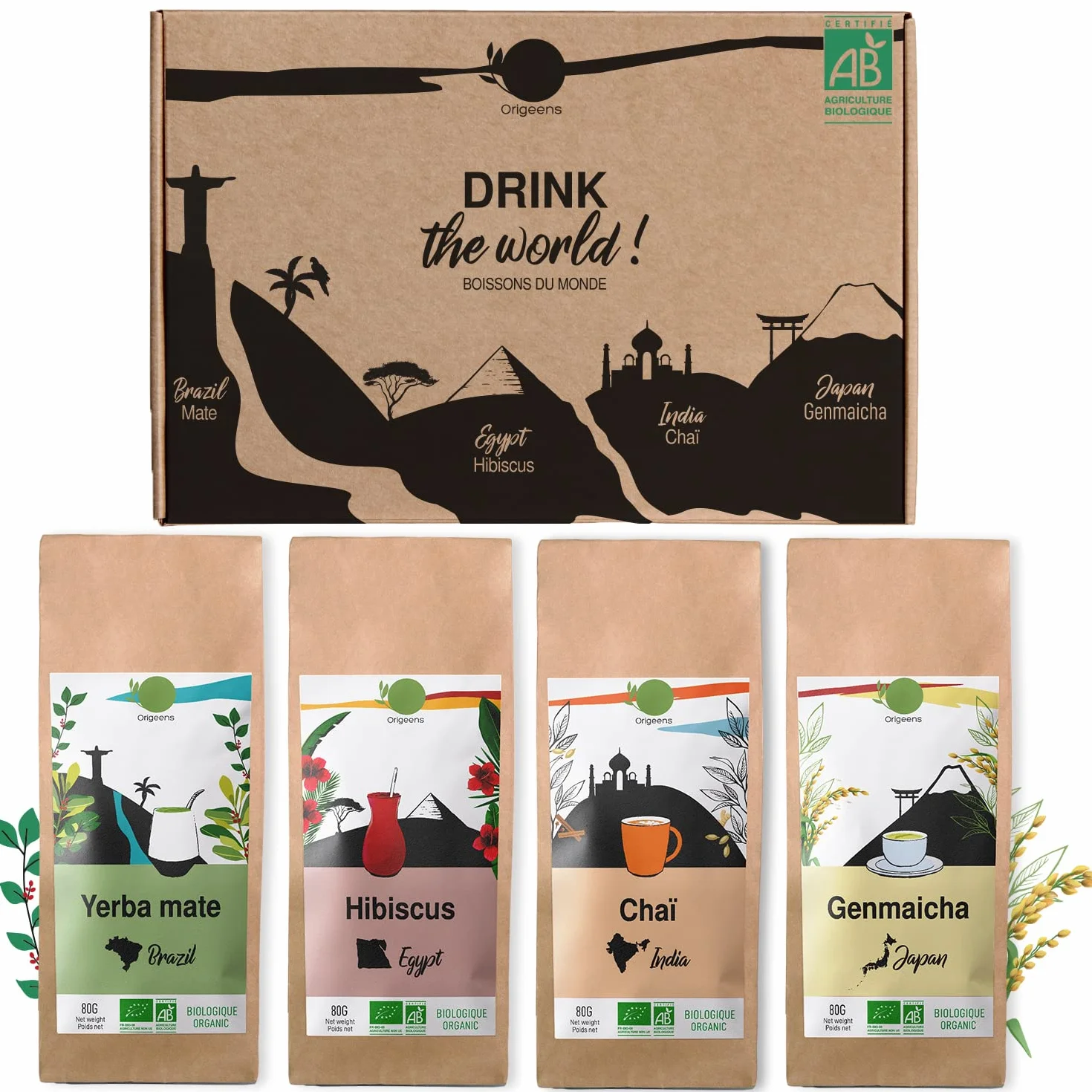 ORIGEENS COFFRET THÉ BIO BOISSONS DU MONDE - Hibiscus, Maté, Thé Chai, Thé vert Genmaicha - Assortiment thé 4x80gr - Coffret thé à offrir