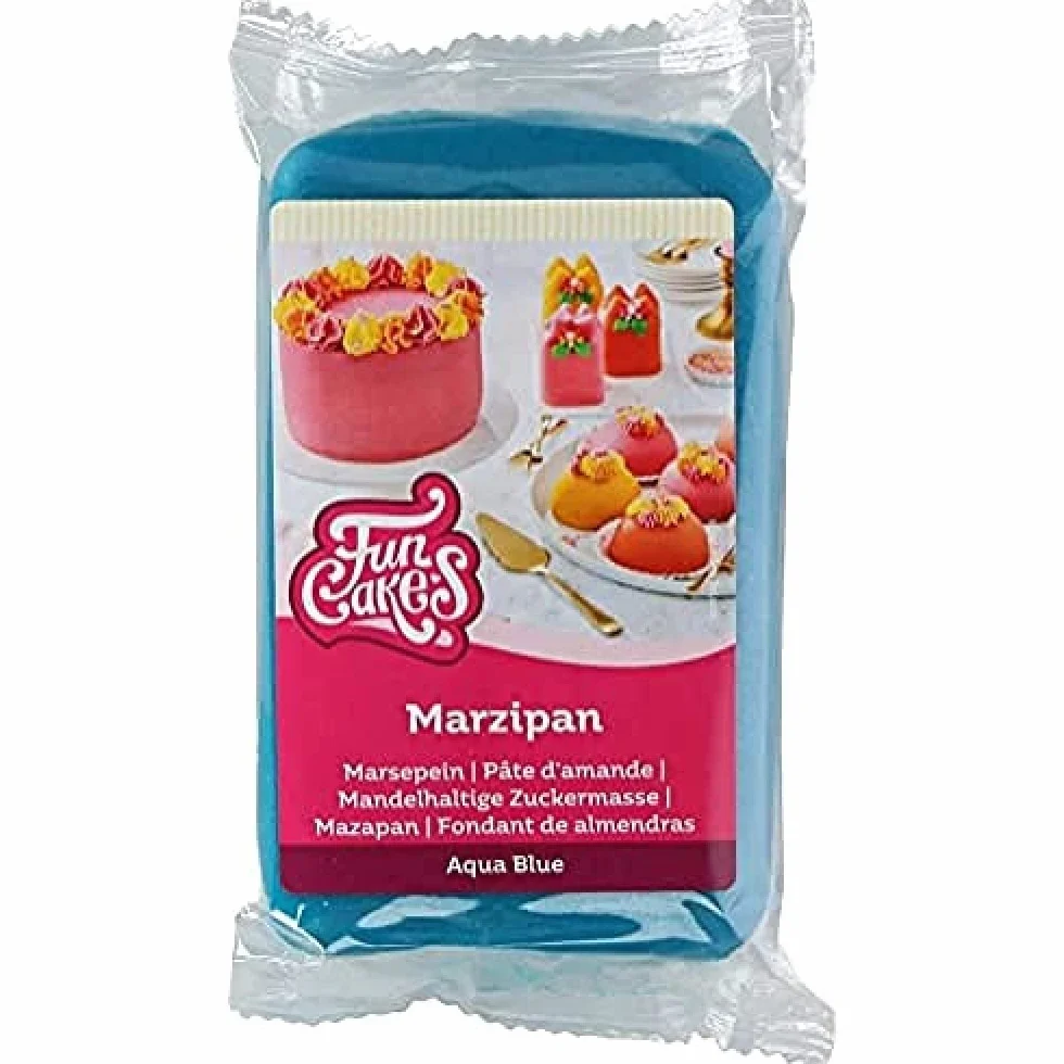 FunCakes Pâte d’amande Aqua Blue: facile à utiliser, goût délicieux, flexible et lisse, facile à dérouler, fin et ferme, parfait pour la décoration de gâteaux, halal, casher et sans gluten. 250 g