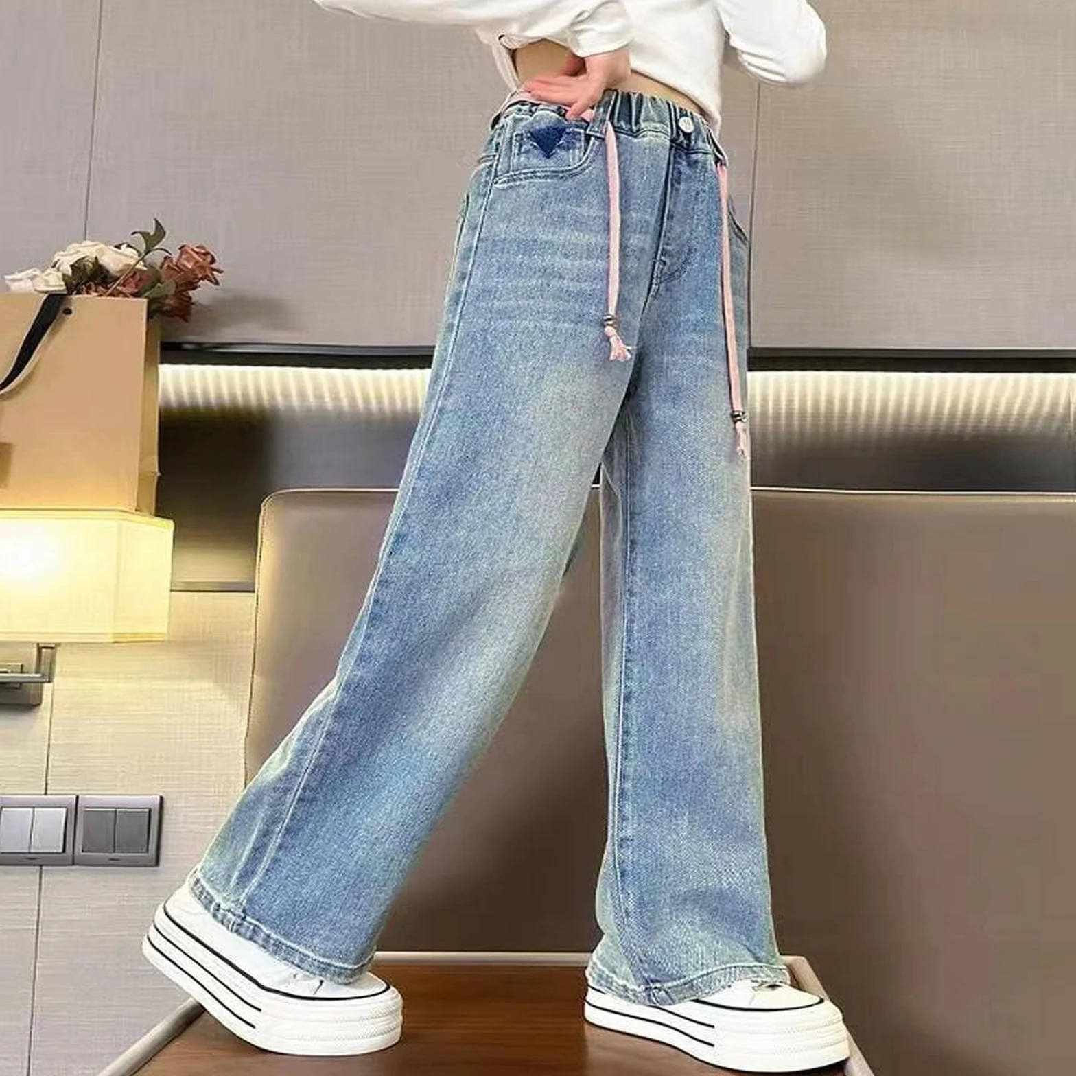 Jean pour fille Coupe droite Taille élastique Confortable Printemps été