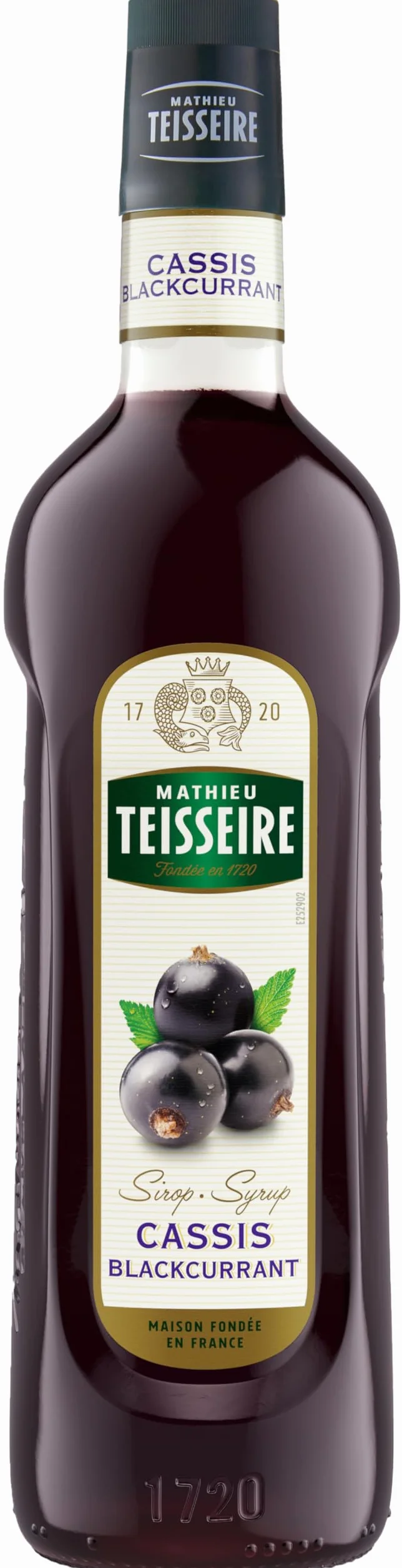 Sirop de Cassis Mathieu Teisseire, pour boissons, smoothies, cocktails, cidres, bières, milk-shakes, bouteille de 1L