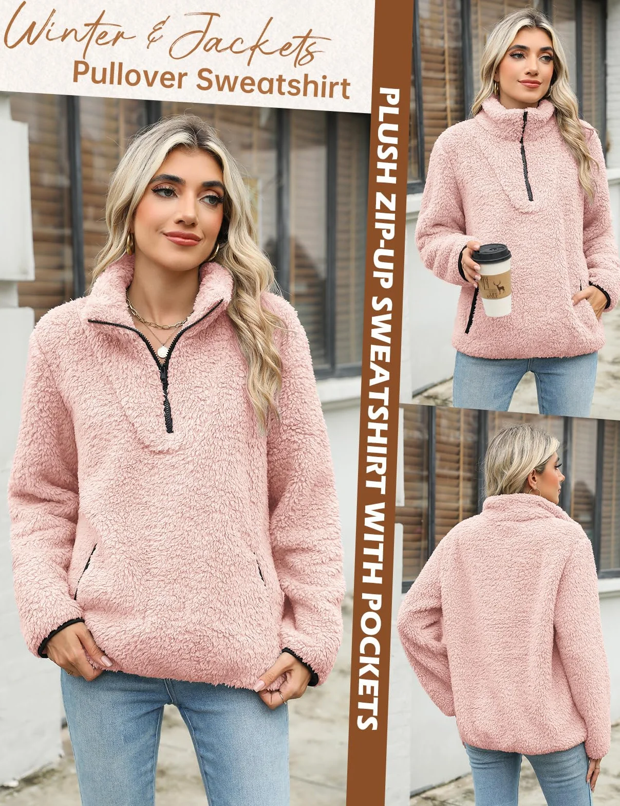 Pulls Sweatshirt Polaire Femme Hiver Manches Longues Chaud avec Poche 1/4 Zippé