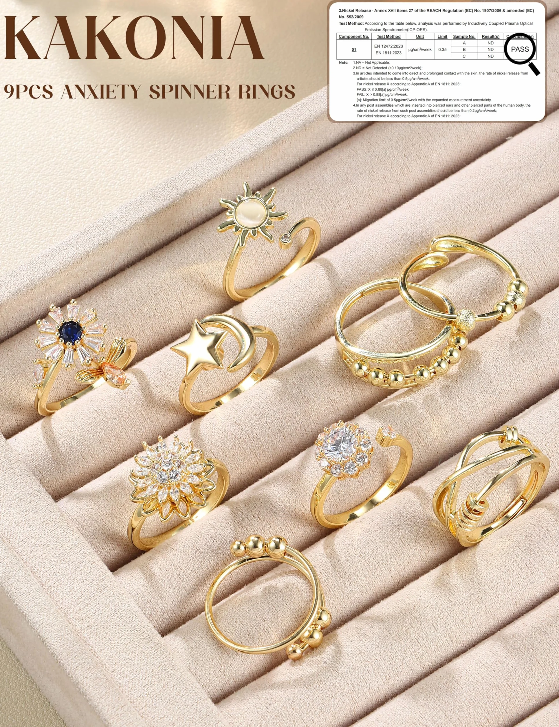 Kakonia 9 Pièces Bague Anti Stress Femme Enfant Argent Or Fidget Bague Anxiété Rotative Antistress Reglable Empilables Spinner Ensemble Relaxation