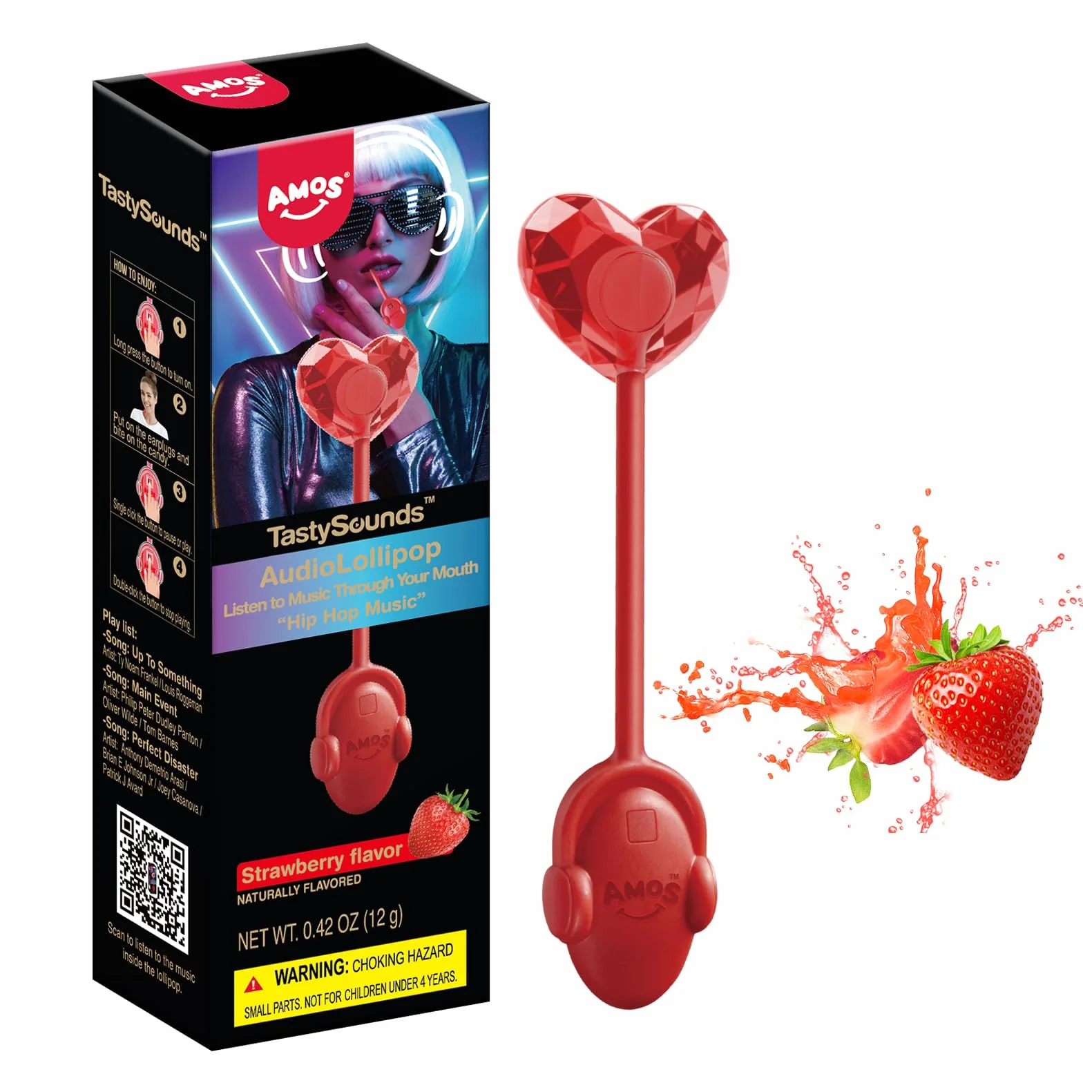 AMOS Musicales Sucette Bonbon Lollipop, 1x Strawberry Fraise Audio Sucettes, Noël Christmas Fête Sucettes Gift, Bonbon Sans Sucre Individuel Emballés Candy Parfait Pour Fête
