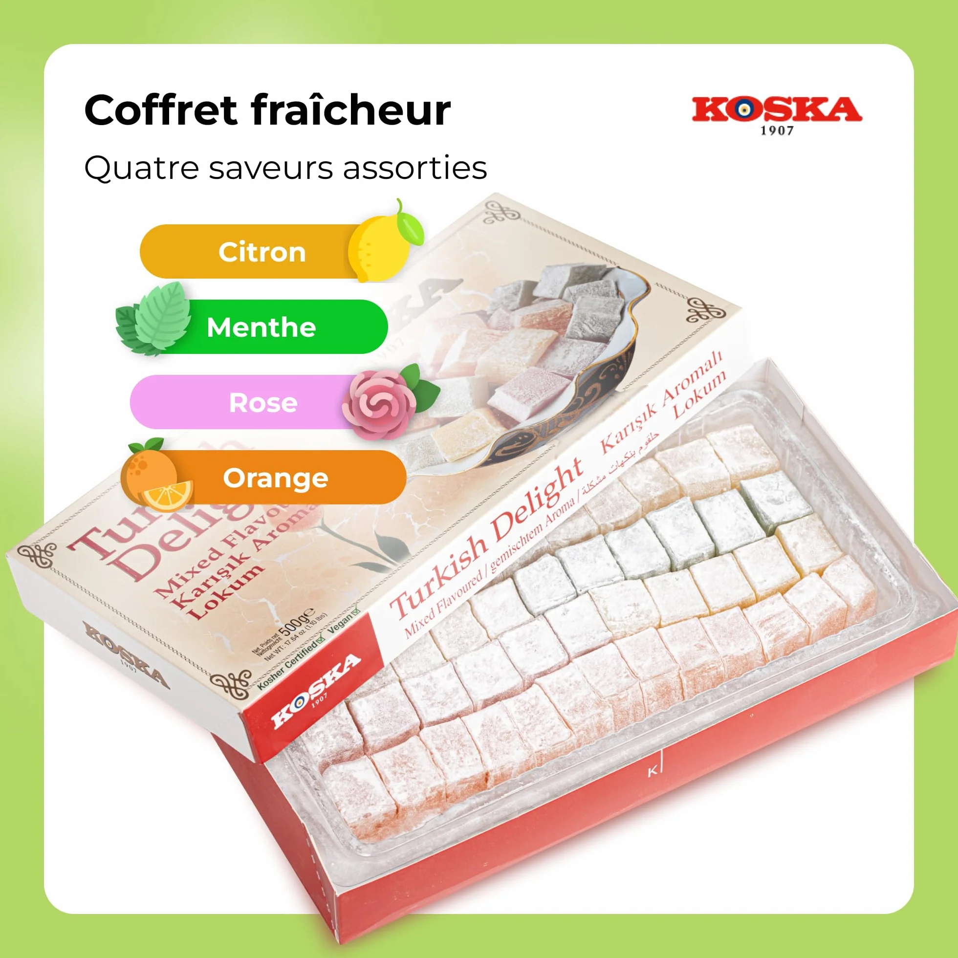 Loukoums aux différentes saveurs 500 g I Délice turc au goût de Rose, citron, orange, menthe | Confiserie traditionnelle | Vegan | Halal | Casher | bonbons mous Dessert Lokum | Sans Gluten