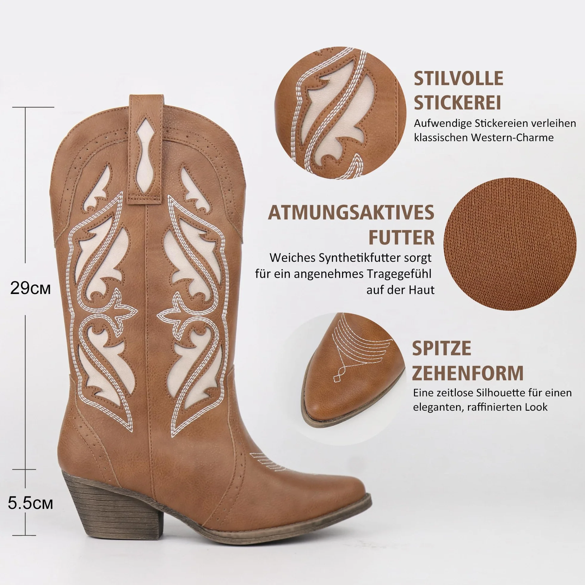 Bottes cowboy femme Hawkwell à broderie mi-mollet bout pointu talon carré entrée facile taille 36-42