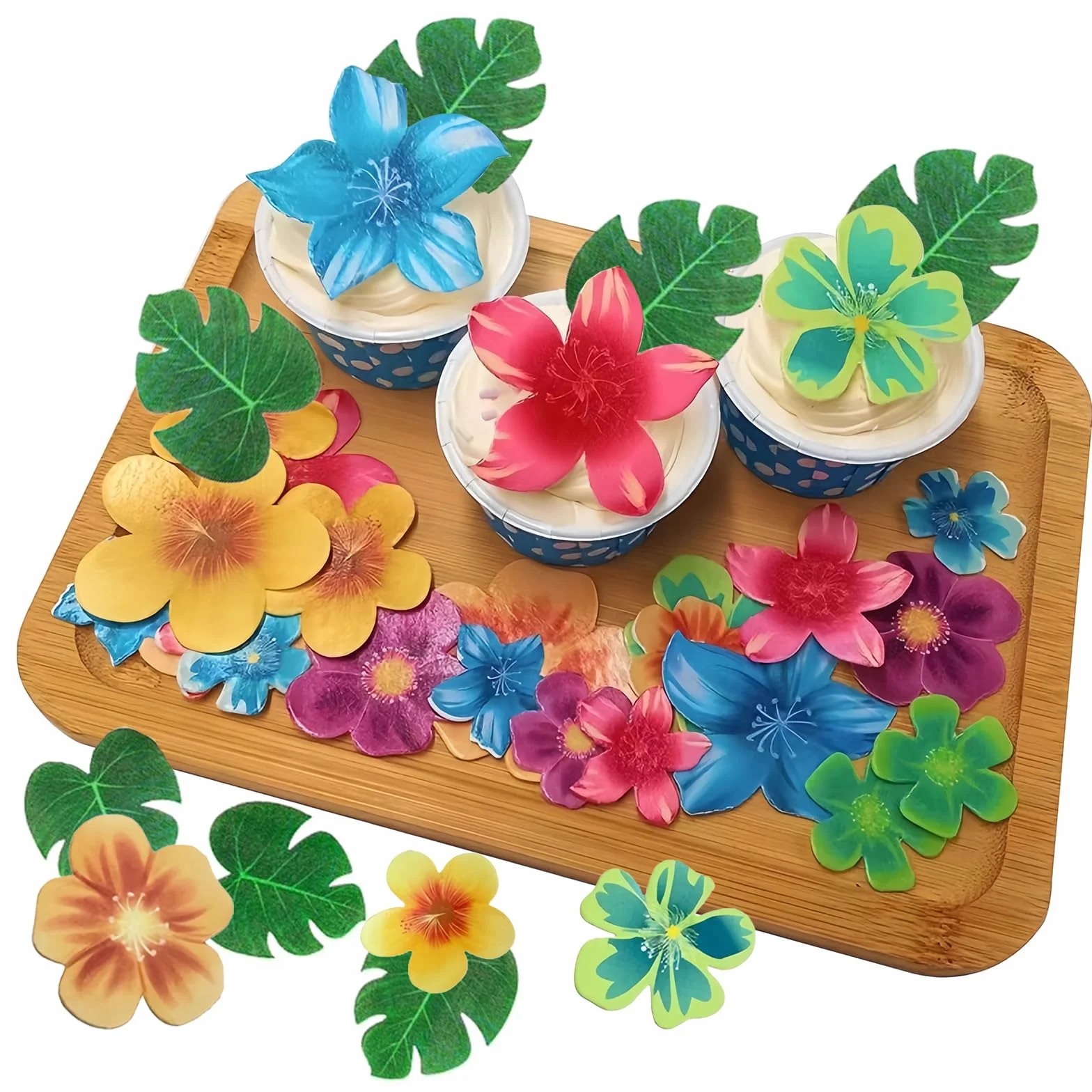 Lot de 83 décorations de gâteau en papier comestible : 35 fleurs comestibles, 48 feuilles comestibles pour cupcakes, décorations d'anniversaire jungle, idéales pour les fêtes hawaïennes et les