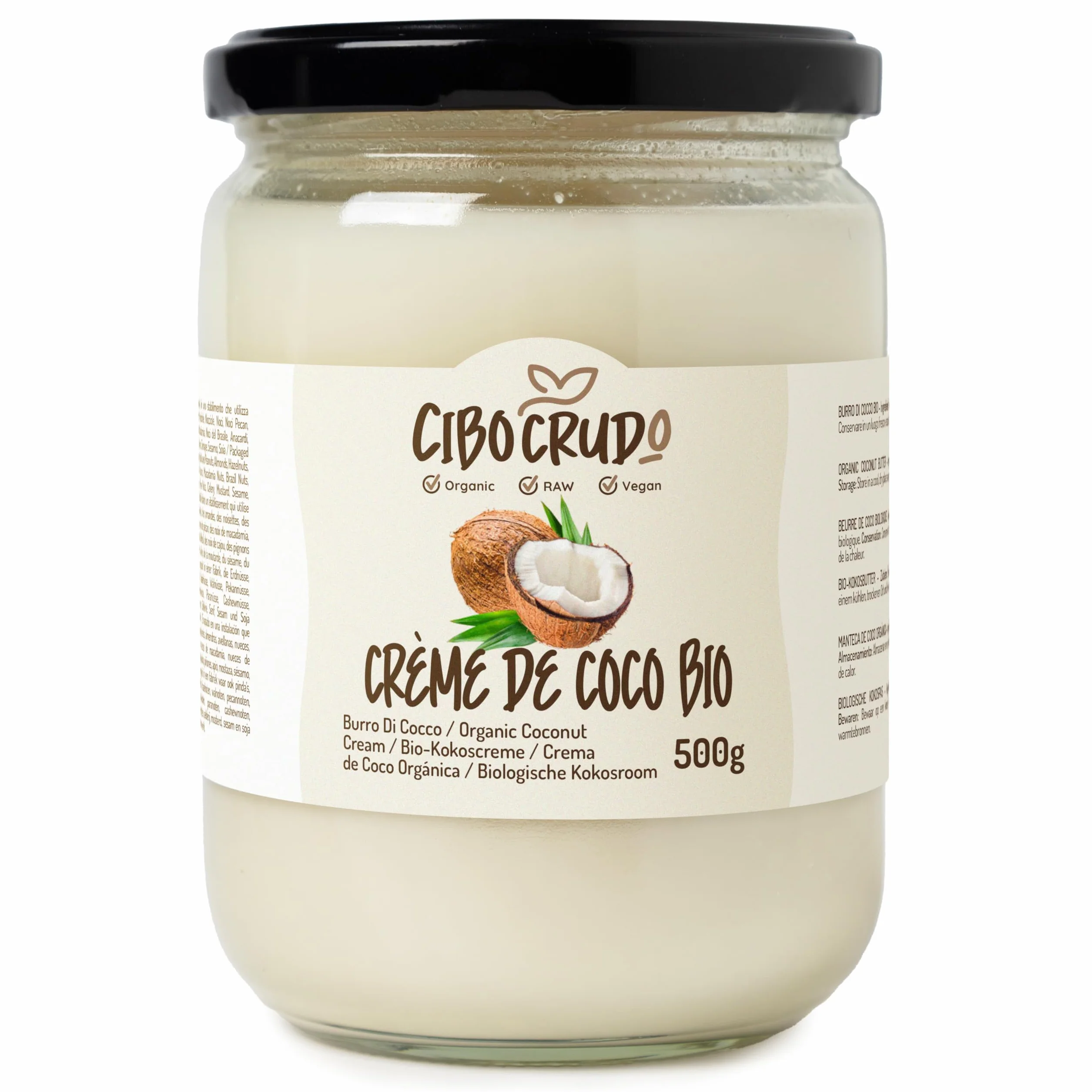 Creme de Coco bio - 500ml. Beurre de noix de coco biologique extrait à froid sans sucre. Idéal pour la cuisine végétalienne, les bonbons à la noix de coco et les gâteaux