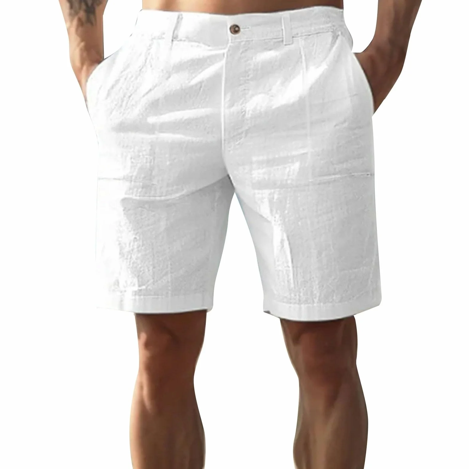 Bermuda Homme Lin Short Pantalon Court Cordon Chino Taille Elastique Leger Plage Poche