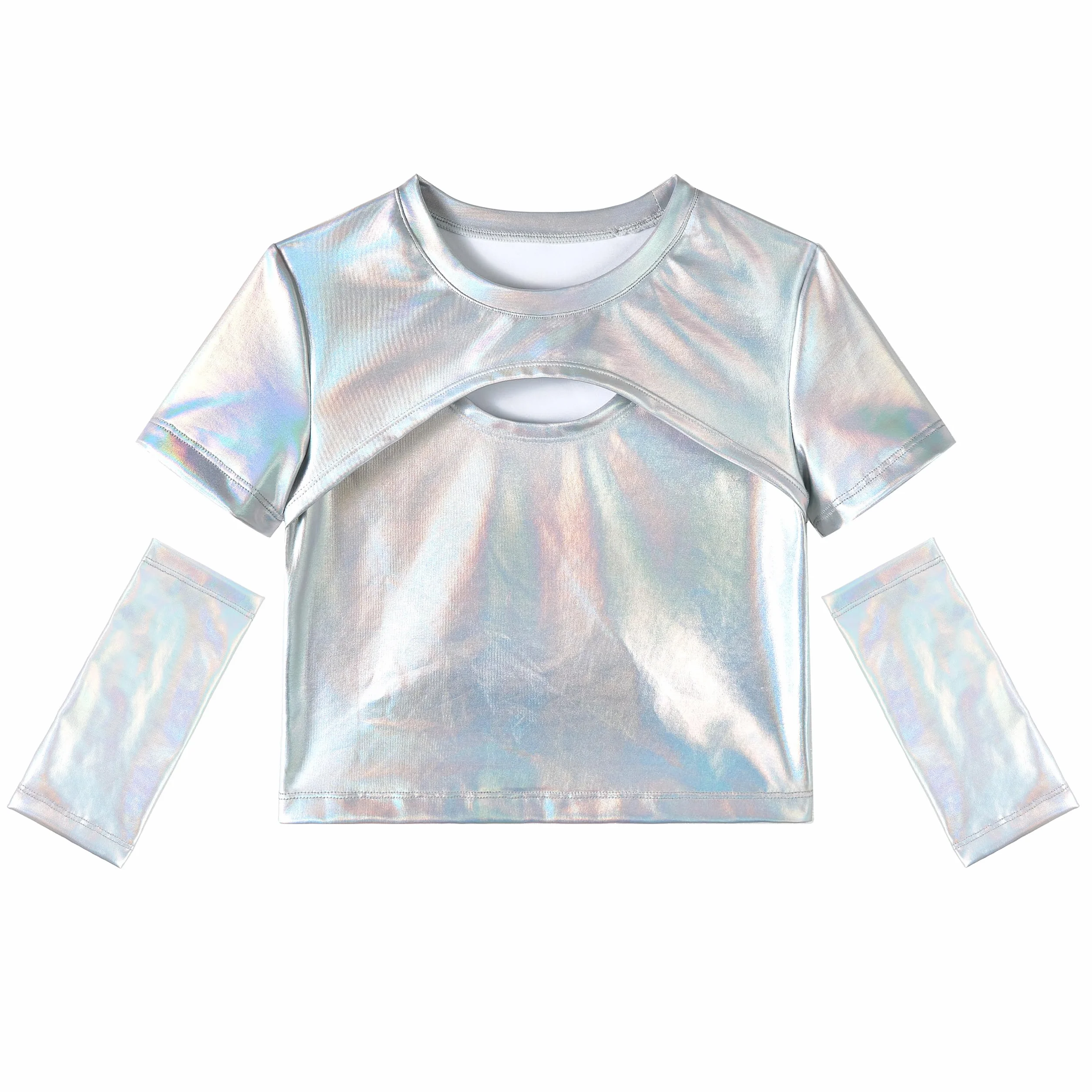 LOLANTA Haut Metallisé Enfant Fille Crop Top Danse Tenue Hip-hop Latine Jazz Spectacle Carnaval Fête Brillant Disco T-Shirt Manches Courtes