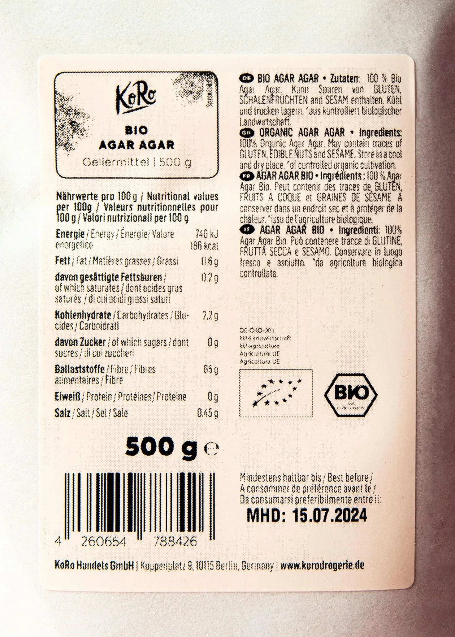 KoRo - Agar Agar bio 500 g - Pur végétal - Parfait pour épaissir et gélifier - Alternative à la gélatine - Extrait d'algues