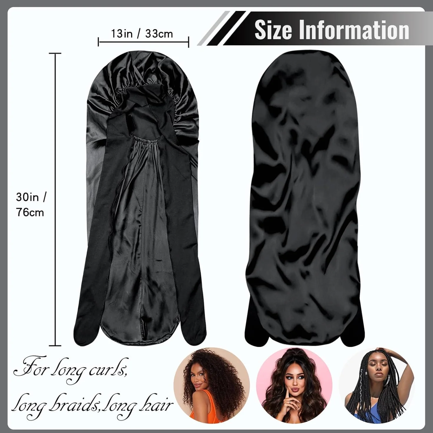 BONNET QUEEN Bonnet Satin Cheveux Longs Nuit Anti-Glisse avec Long Bandeau Réglable, Protection Anti-Frisottis pour Cheveux Très Longs, Noir