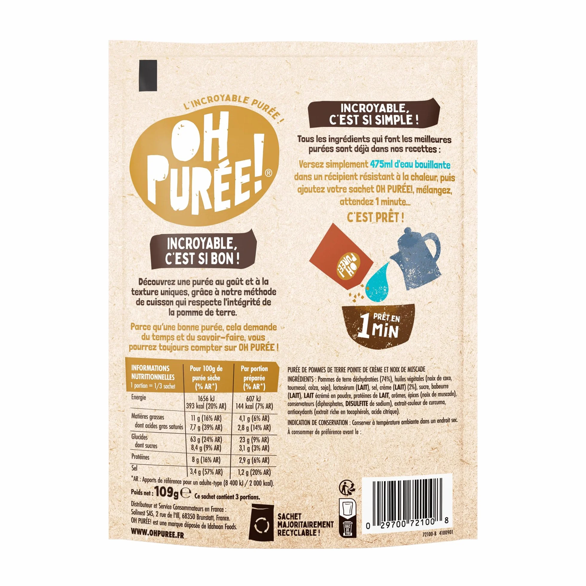 OH PUREE! Carton de 12 sachets de 109g de purée saveur noix de Muscade-Une purée prête en seulement une minute, en ajoutant juste de l'eau