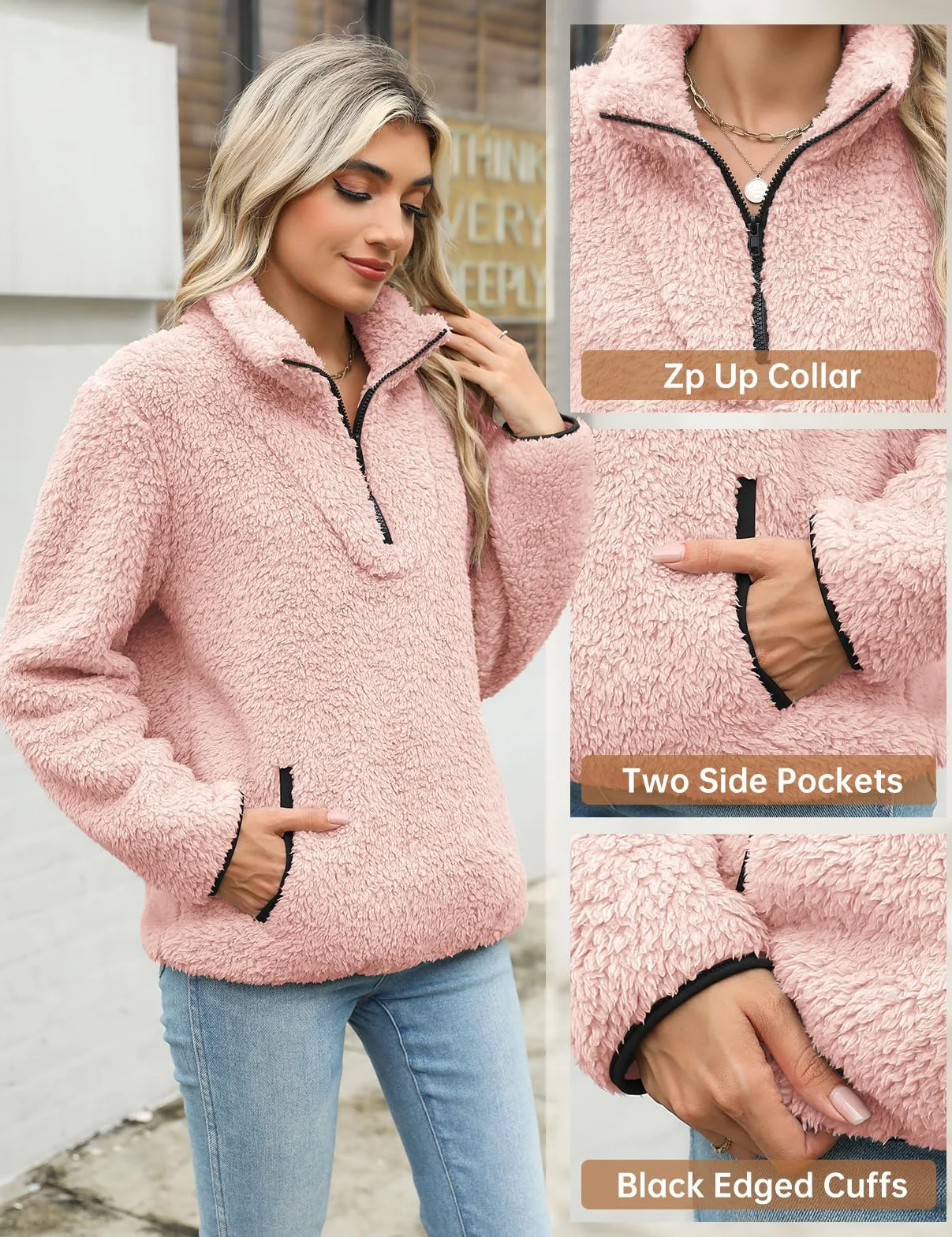 Pulls Sweatshirt Polaire Femme Hiver Manches Longues Chaud avec Poche 1/4 Zippé
