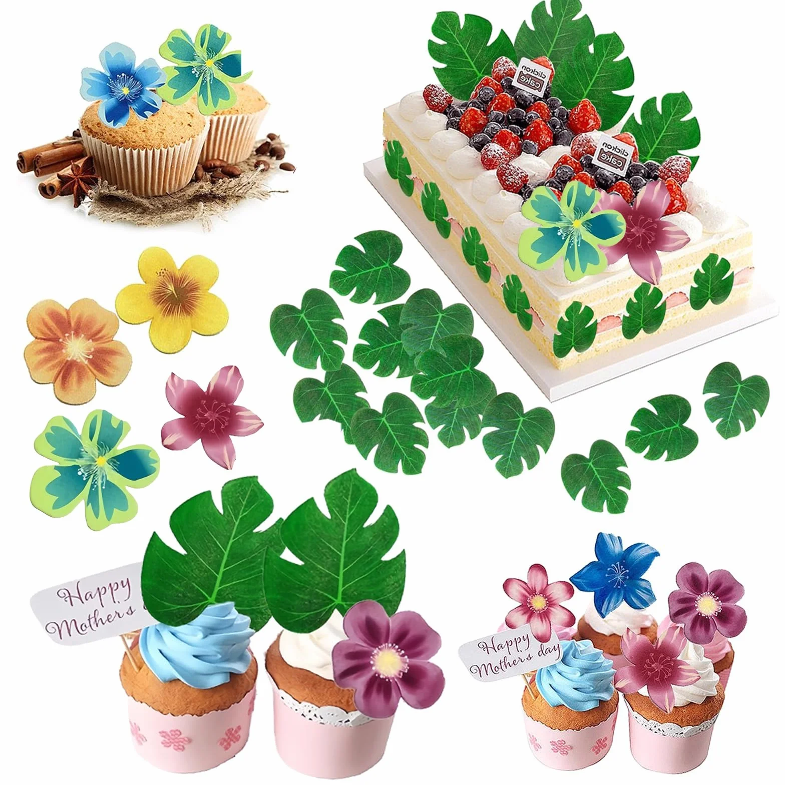 Lot de 83 décorations de gâteau en papier comestible : 35 fleurs comestibles, 48 feuilles comestibles pour cupcakes, décorations d'anniversaire jungle, idéales pour les fêtes hawaïennes et les