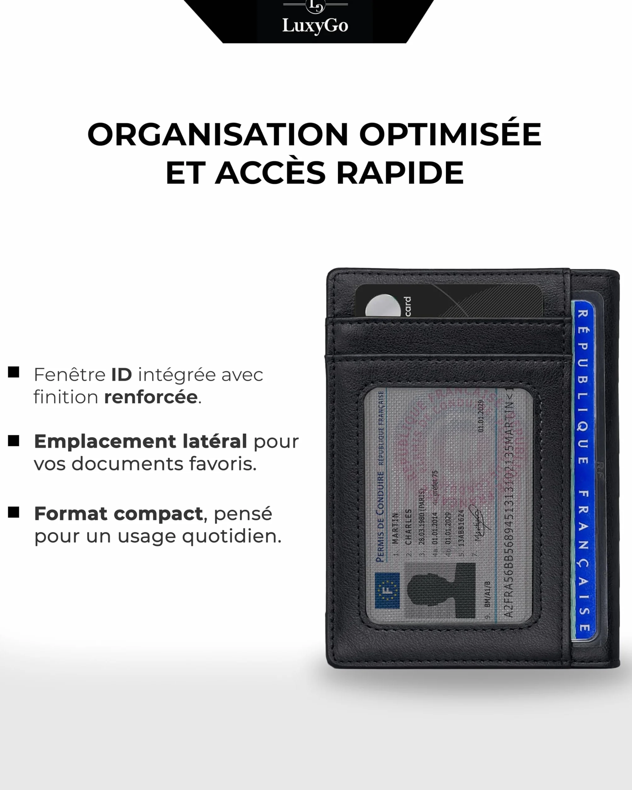 LuxyGo Porte-Cartes Cuir Véritable RFID NFC Anti-Piratage Portefeuille Slim 9 Emplacements Fenêtres ID 12x8x0,5 cm Cadeau