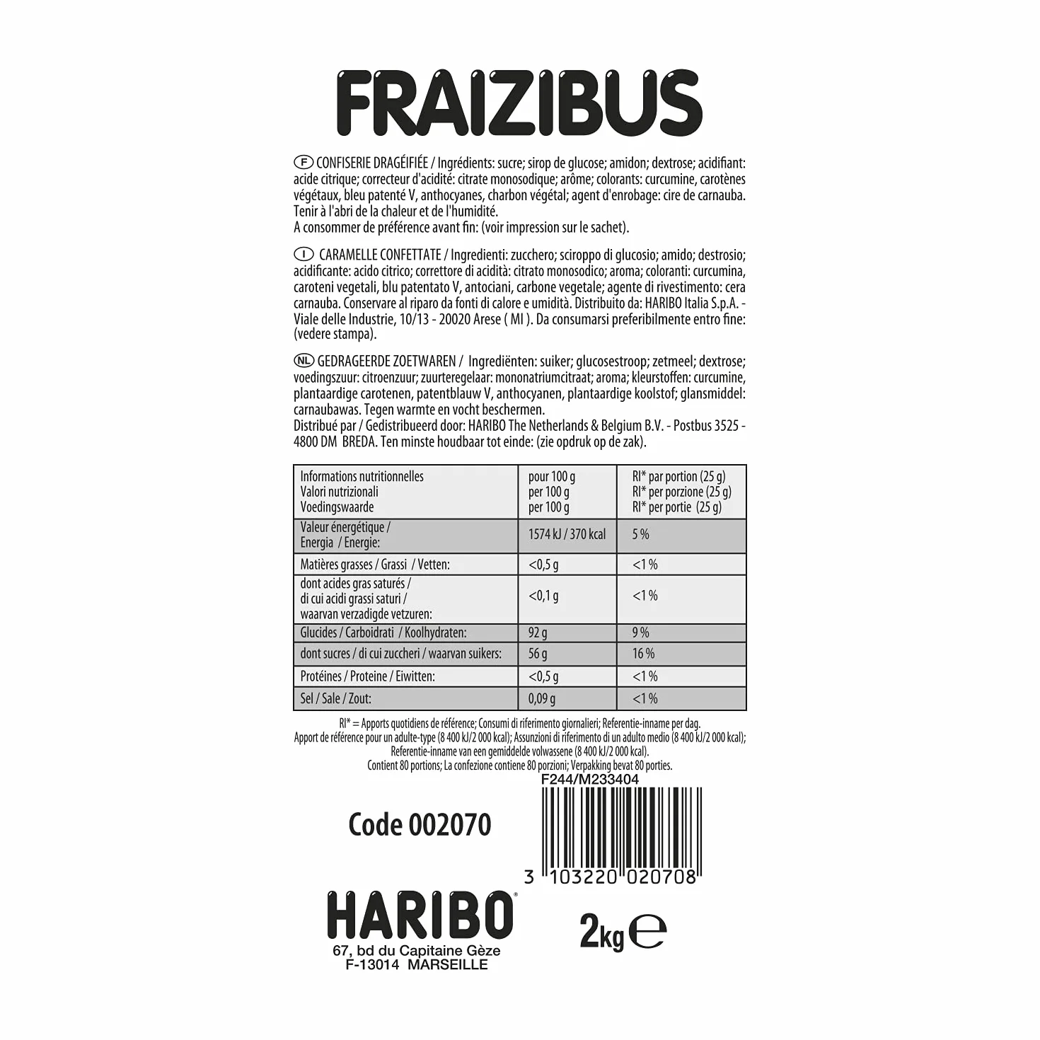 HARIBO - Fraizibus - Bonbons Dragéifiés Aromatisés aux Fruits Rouges - Sachet Vrac 2 kg