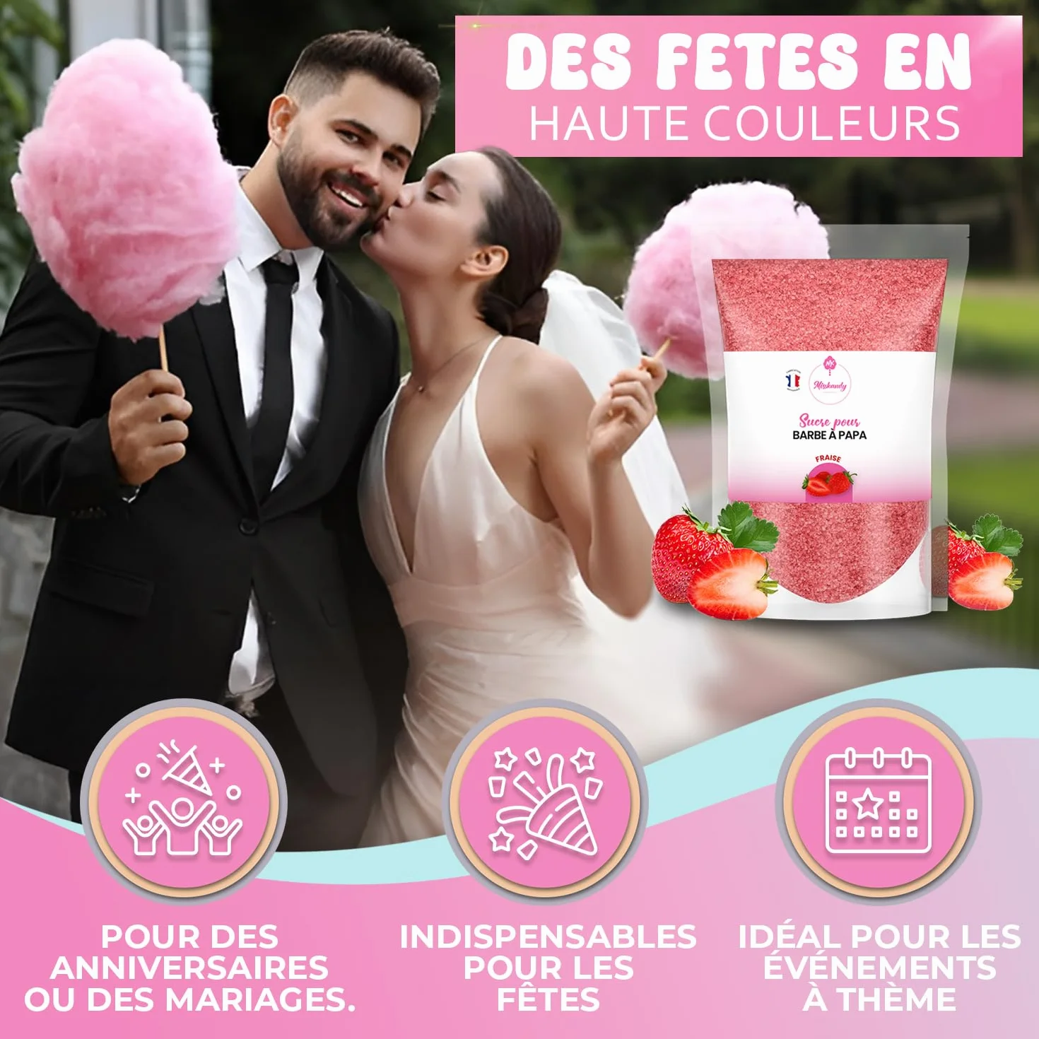 Misskandy®-Sucre Barbe à Papa pour machine- Lot de 2 * 160GR (Fraise- Framboise) / poudre barbapapa+ 10 Bâtonnets offerts - MADE IN FRANCE