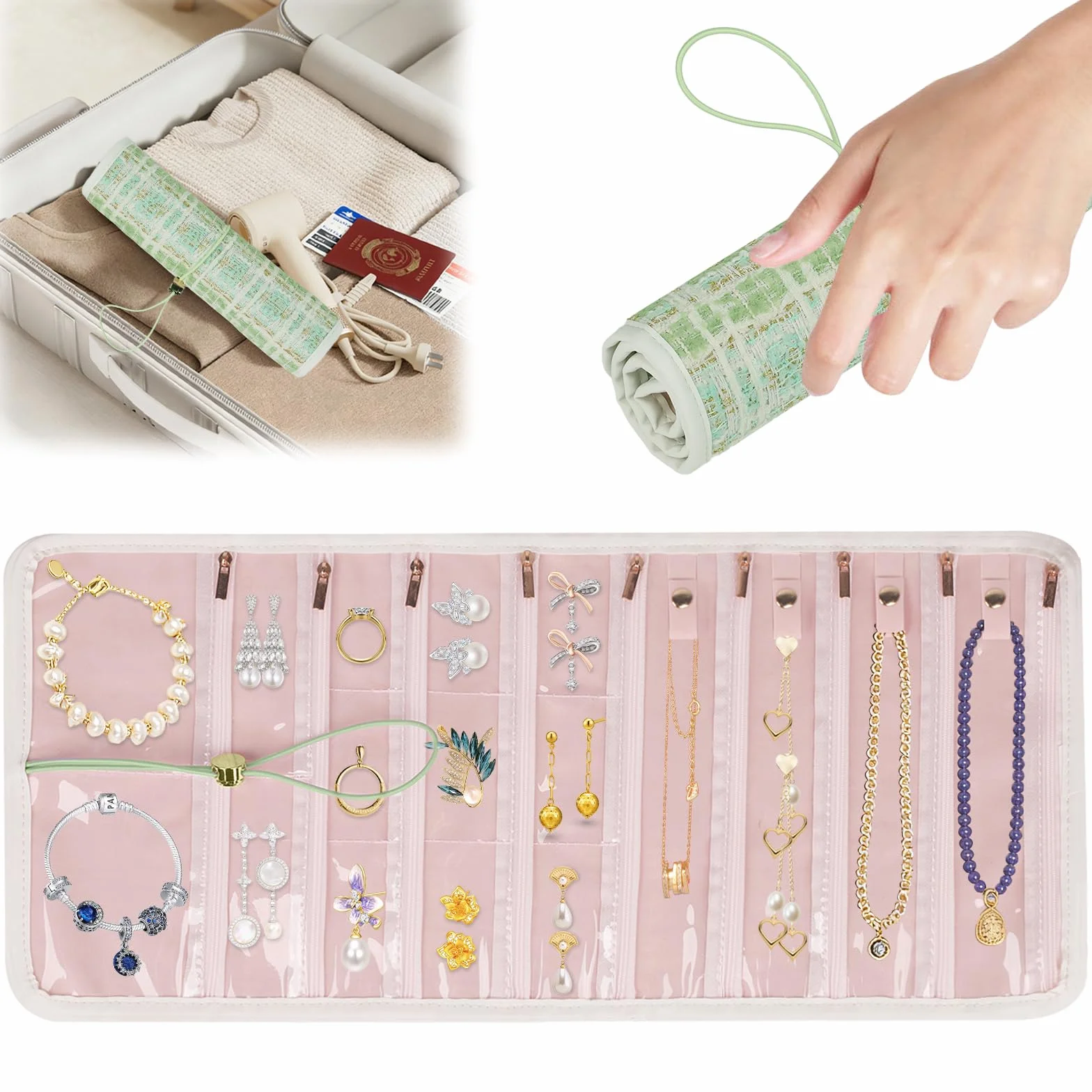 Trousse Rouleau à Bijoux de Voyage en Velours, Organisateur pour Colliers Bracelets Boucles d'oreilles, Sac de Rangement
