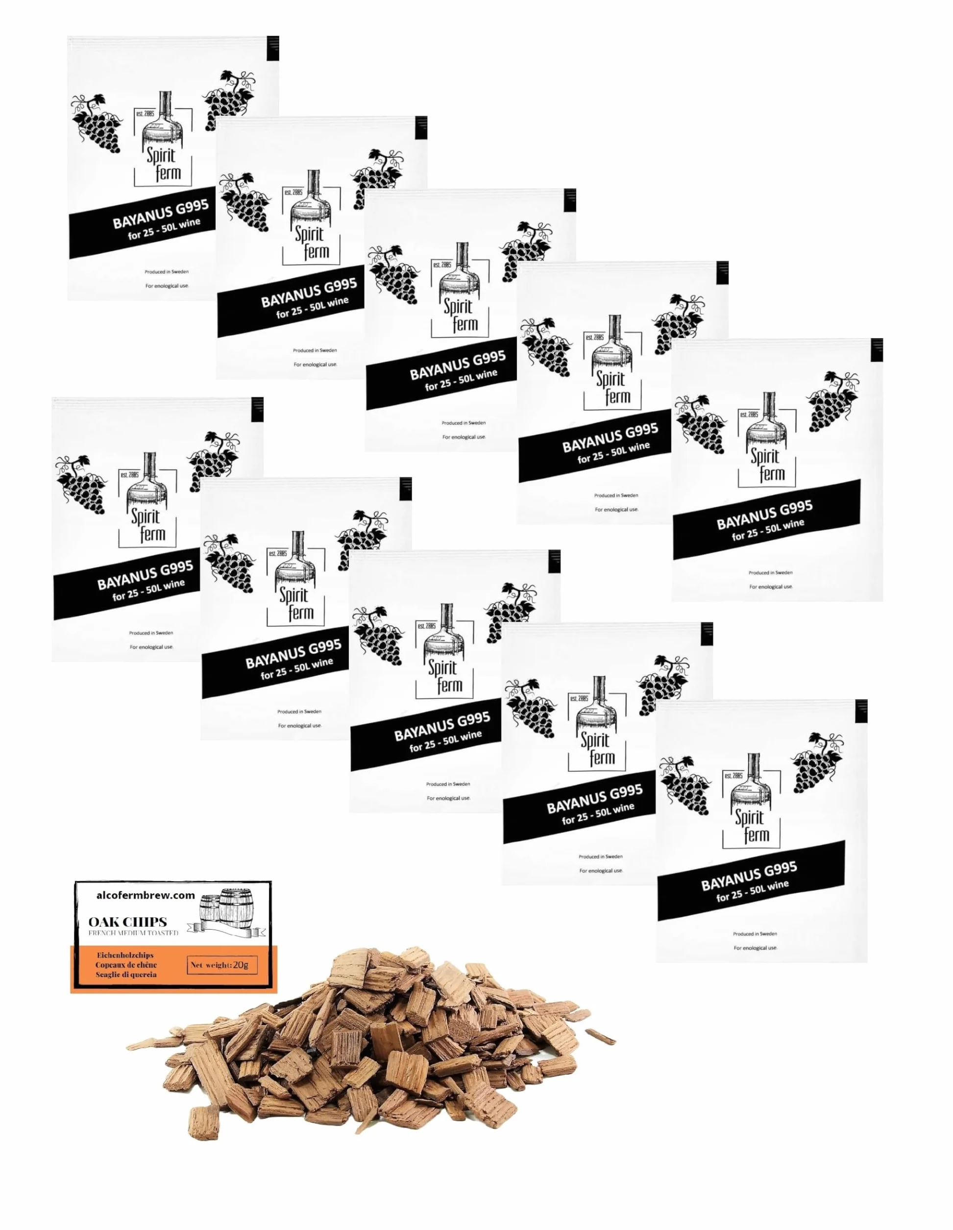 10 x Levure de Vin Bayanus 10g G995 + Copeaux de Chêne Français 20g - Levure pour la Fermentation du Vin | Levure de vin tout usage | Spirit Ferm