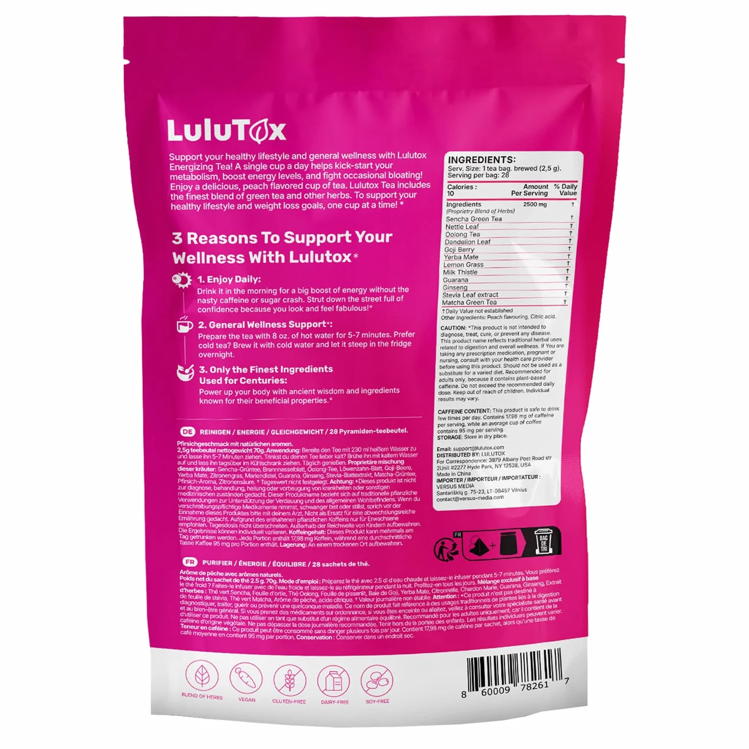 LULUTOX Thé Détox – Mélange de Plantes pour le Bien-être avec Pissenlit, Ginseng et Gingembre – Infusion pour Ballonnements, Ménopause, Gestion du Poids et Vitalité – 28 Sachets
